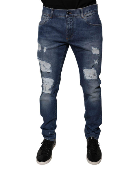 Dolce & Gabbana Blue Cotton Tattered Skinny Denim Jeans - Hilstor