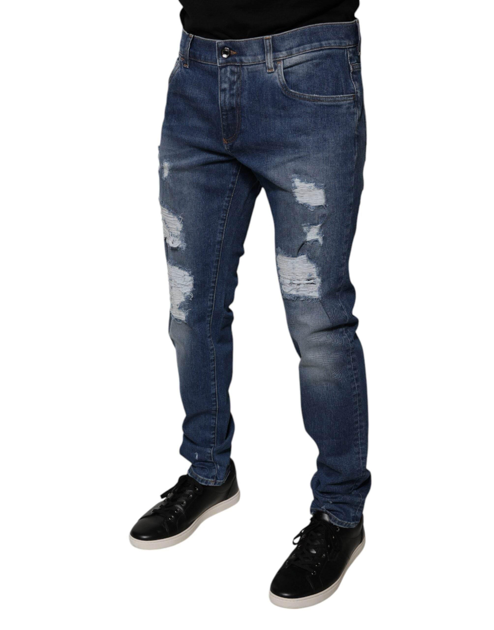 Dolce & Gabbana Blue Cotton Tattered Skinny Denim Jeans - Hilstor