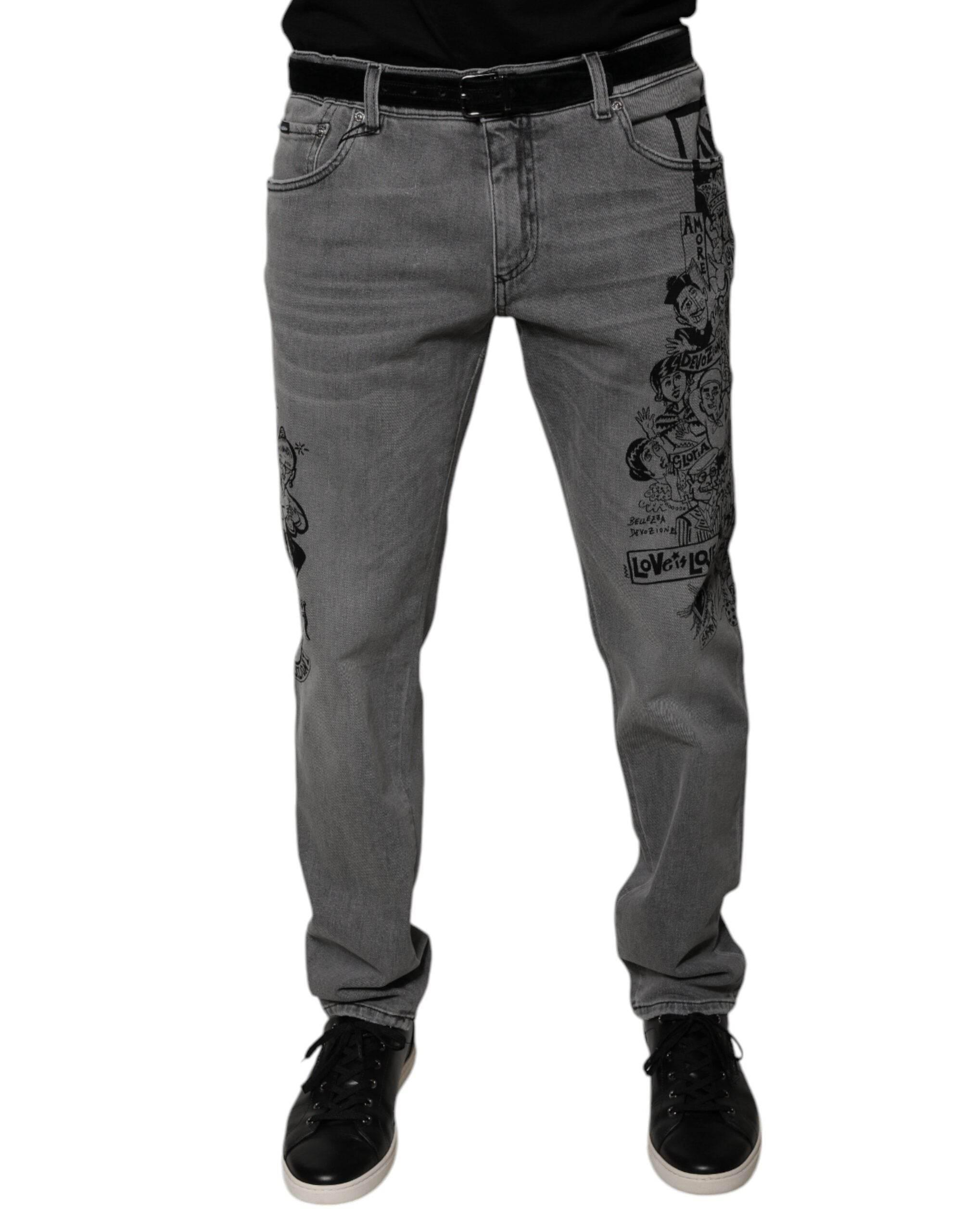 Dolce & Gabbana Gray Graphic Print Cotton Skinny Denim Jeans - Hilstor