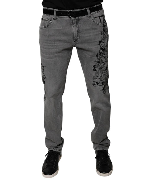 Dolce & Gabbana Gray Graphic Print Cotton Skinny Denim Jeans - Hilstor