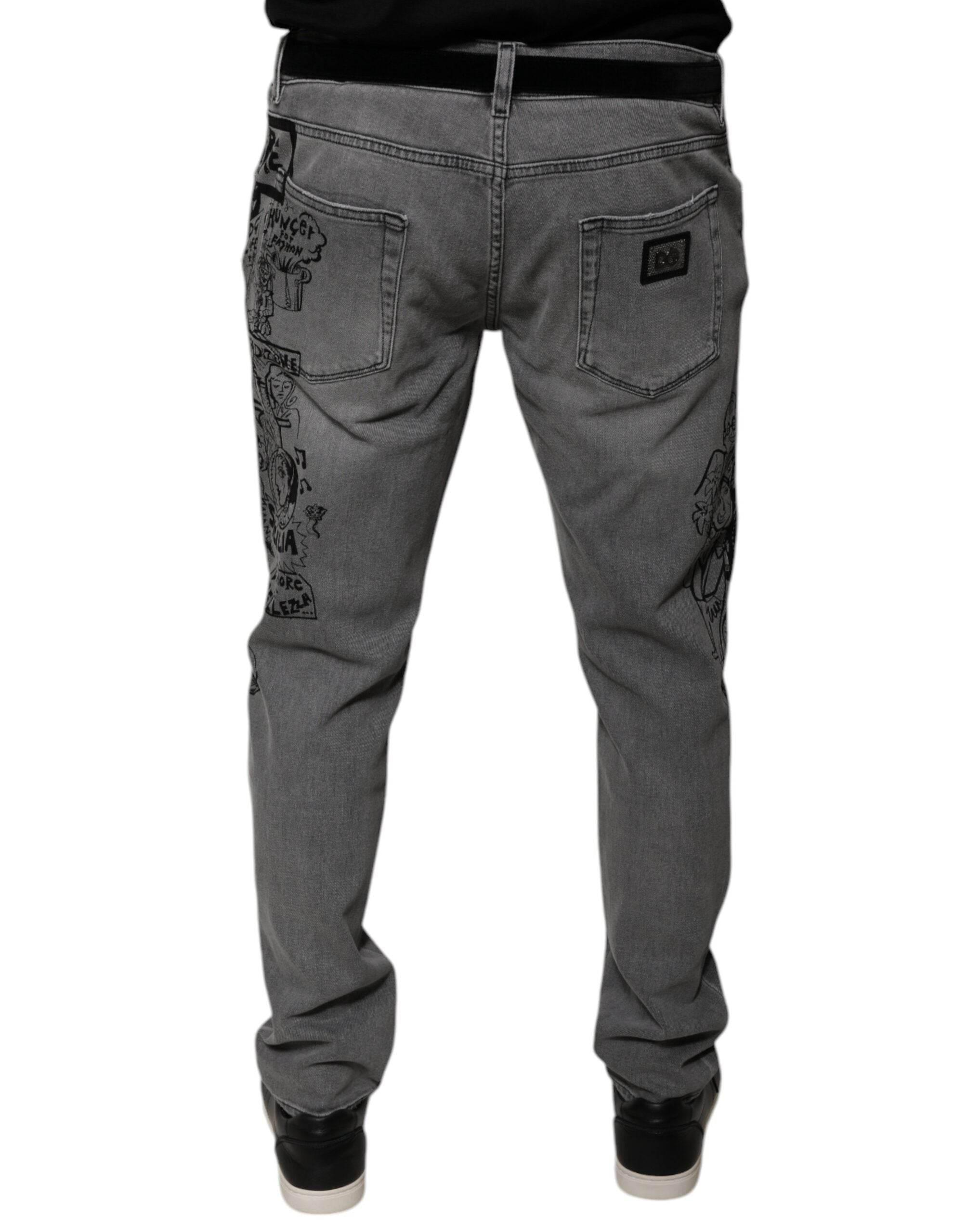 Dolce & Gabbana Gray Graphic Print Cotton Skinny Denim Jeans - Hilstor