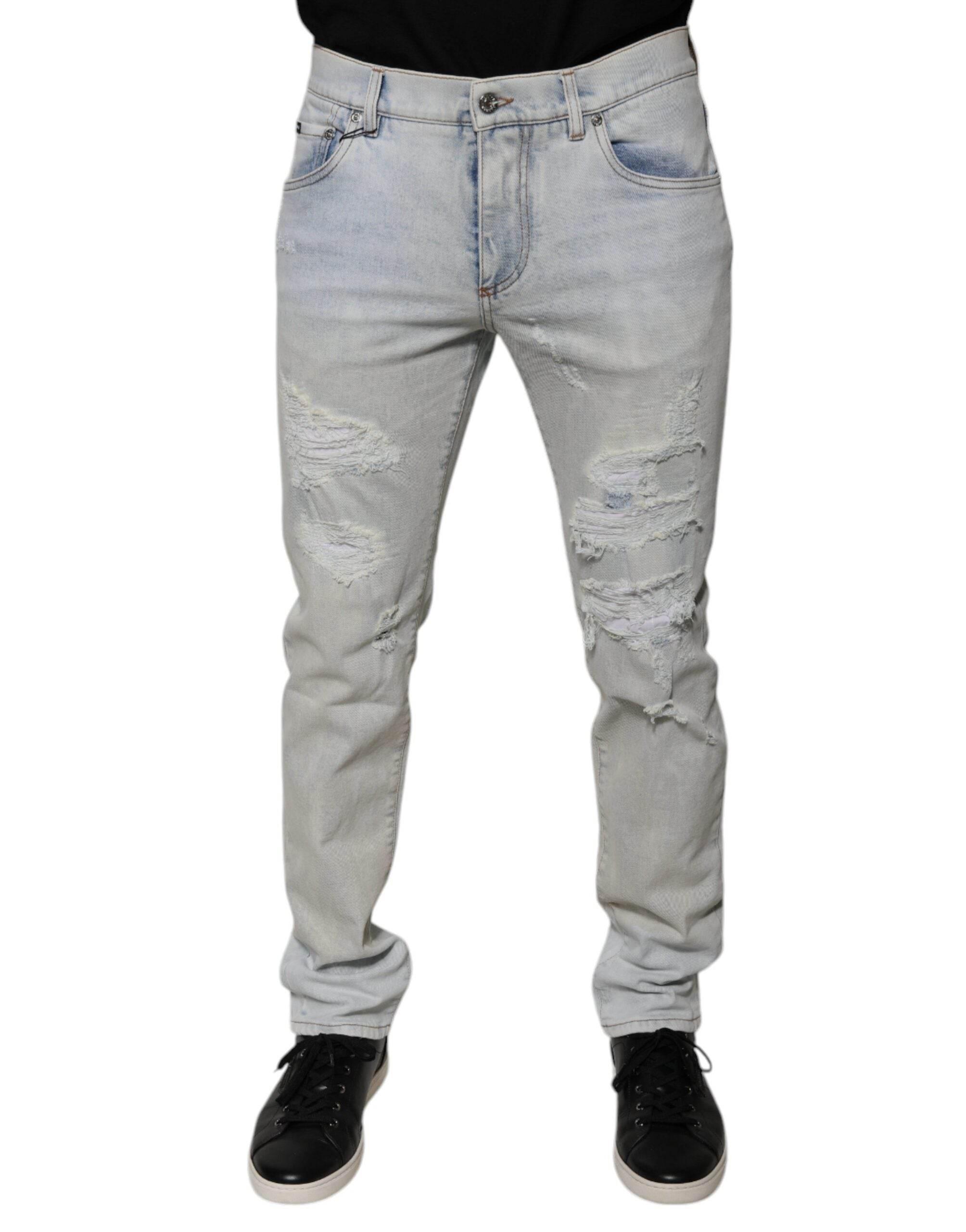 Dolce & Gabbana Light Blue Cotton Blend Tattered Skinny Denim Jeans - Hilstor