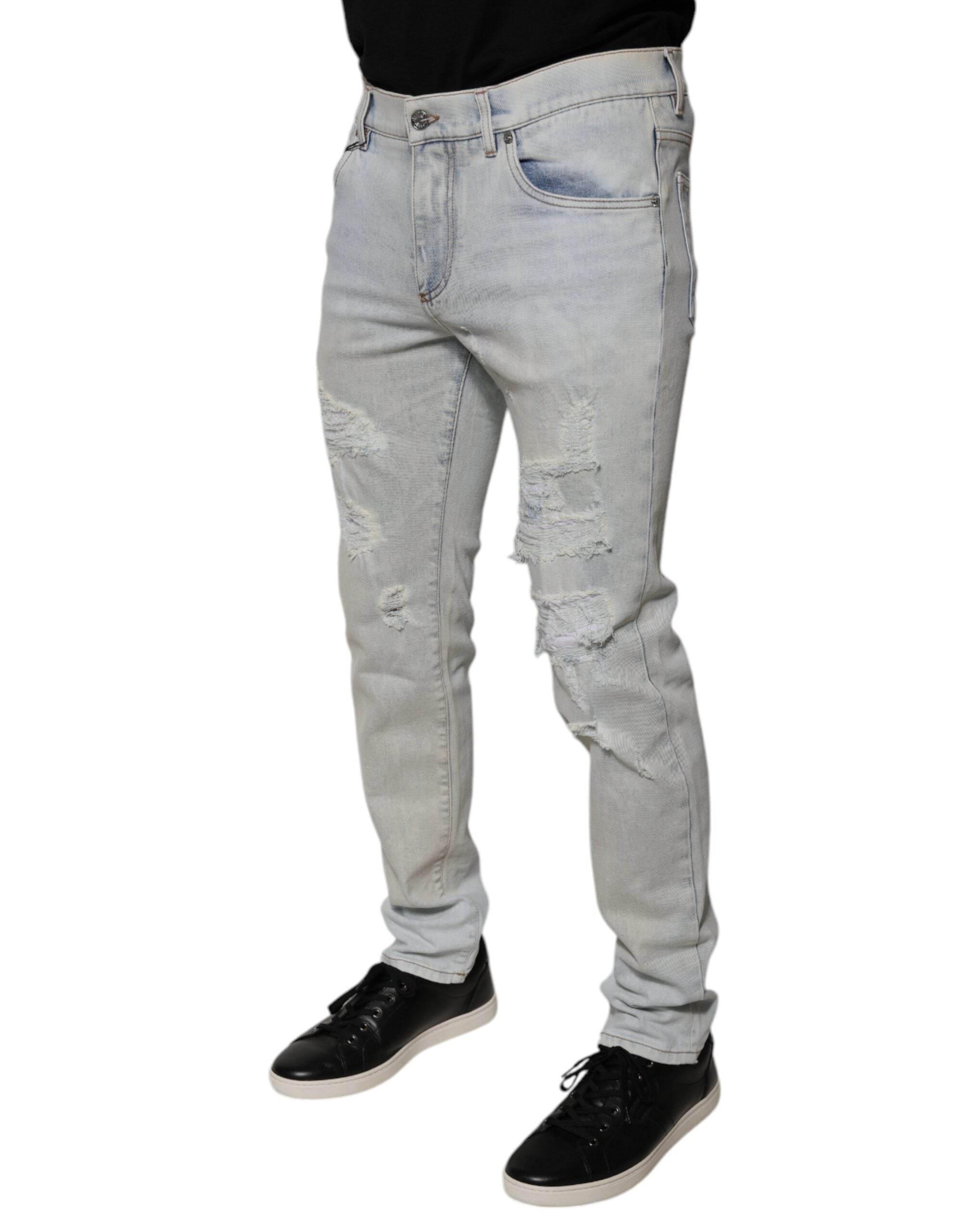 Dolce & Gabbana Light Blue Cotton Blend Tattered Skinny Denim Jeans - Hilstor