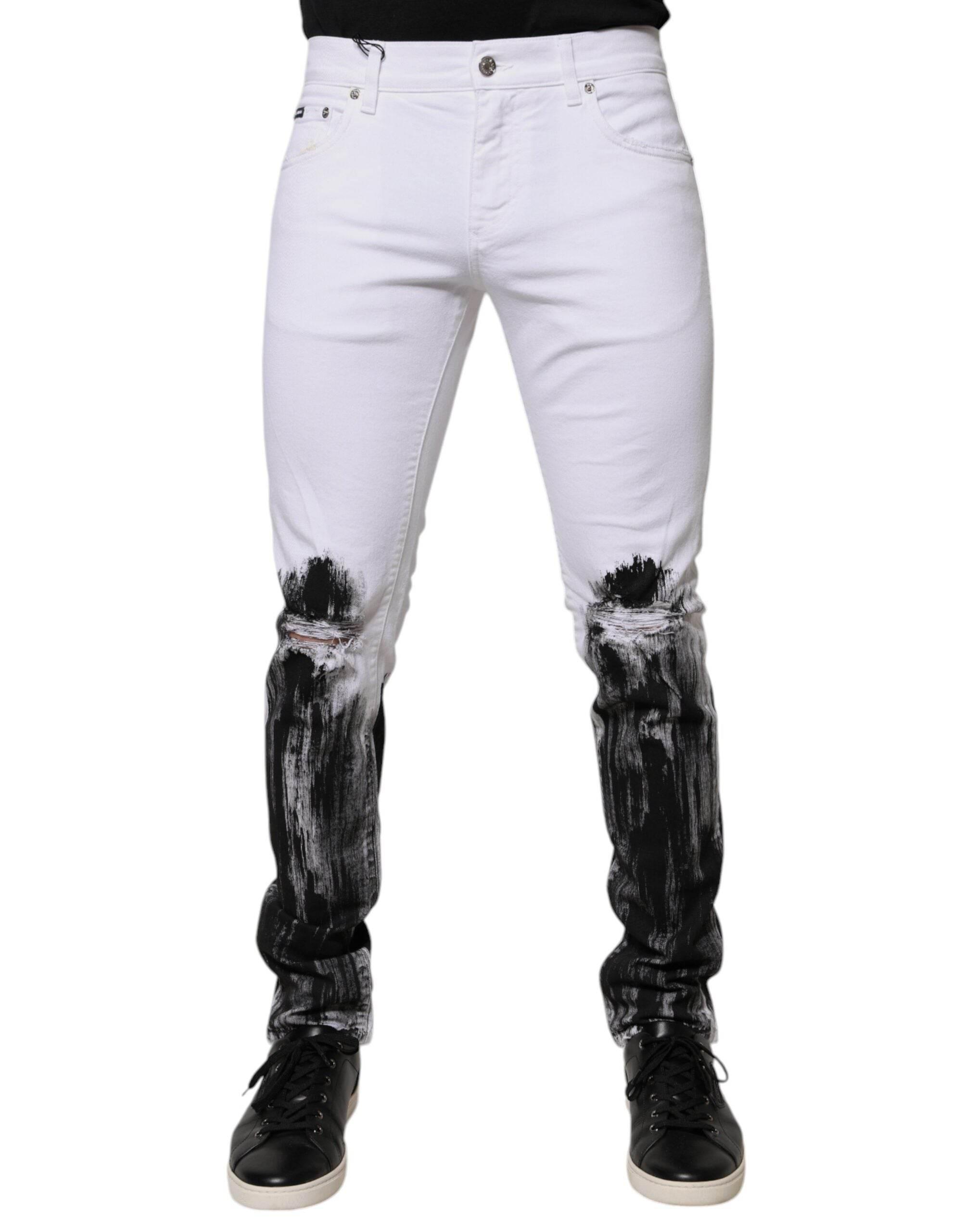 Dolce & Gabbana White Black Logo Cotton Skinny Denim Jeans - Hilstor