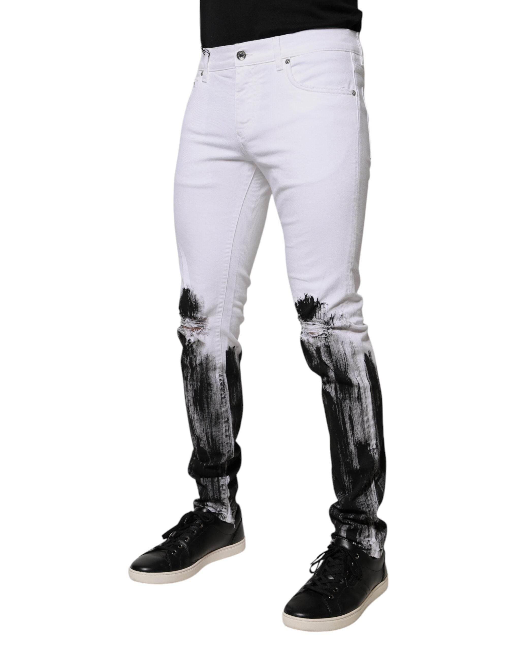 Dolce & Gabbana White Black Logo Cotton Skinny Denim Jeans - Hilstor
