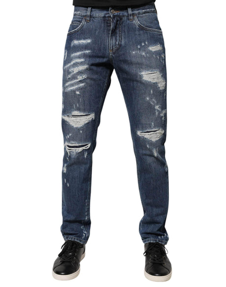 Dolce & Gabbana Blue Cotton Tattered Skinny Denim Jeans - Hilstor