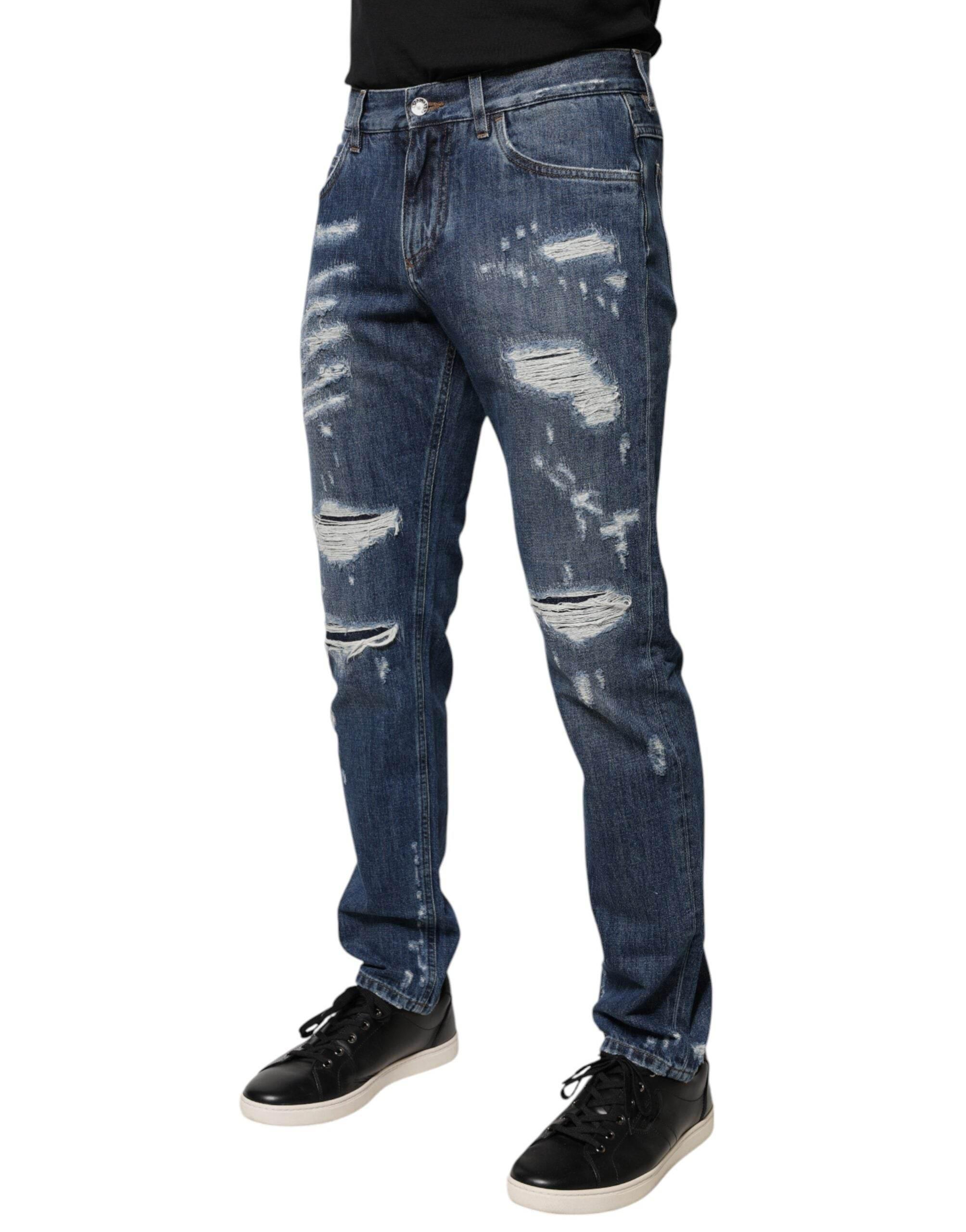 Dolce & Gabbana Blue Cotton Tattered Skinny Denim Jeans - Hilstor