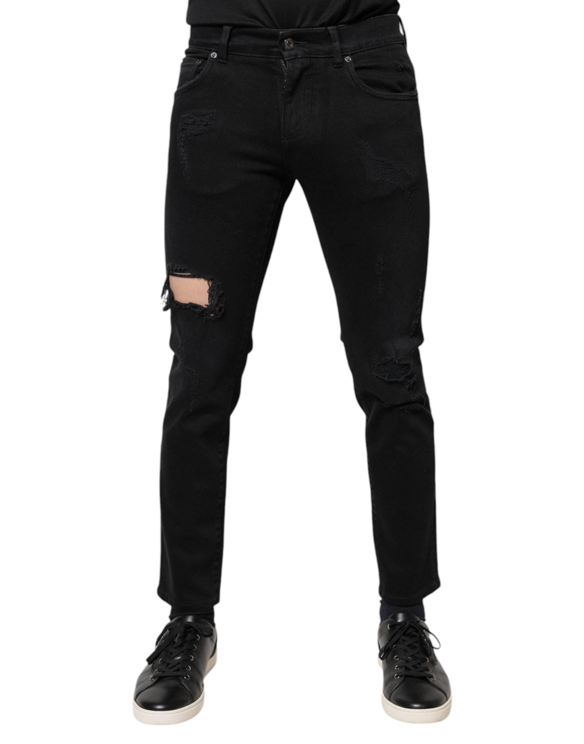 Dolce & Gabbana Black Cotton Tattered Skinny Denim Logo Jeans - Hilstor