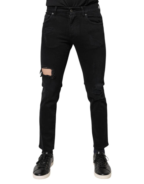 Dolce & Gabbana Black Cotton Tattered Skinny Denim Logo Jeans - Hilstor