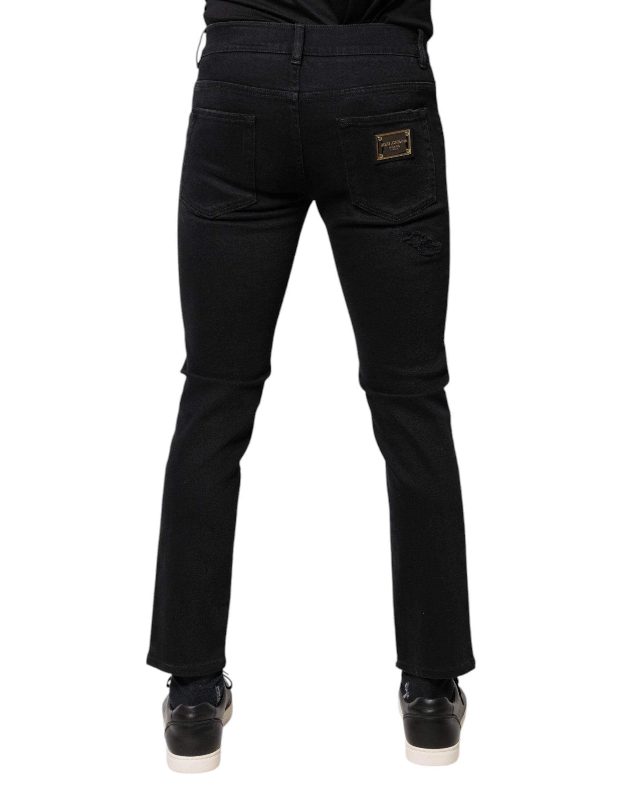 Dolce & Gabbana Black Cotton Tattered Skinny Denim Logo Jeans - Hilstor