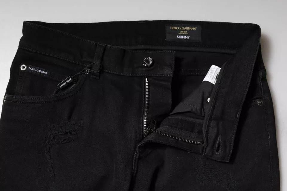Dolce & Gabbana Black Cotton Tattered Skinny Denim Logo Jeans - Hilstor
