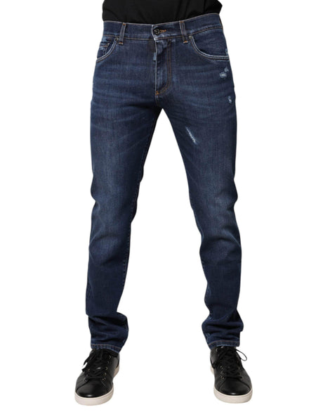 Dolce & Gabbana Blue Cotton Logo Print Slim Fit Denim Jeans - Hilstor
