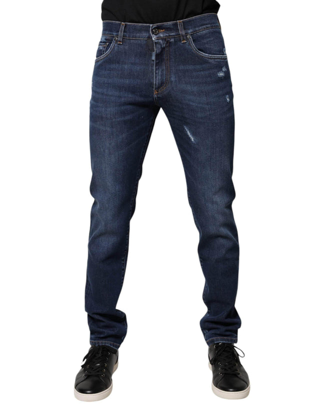 Dolce & Gabbana Blue Cotton Logo Print Slim Fit Denim Jeans - Hilstor