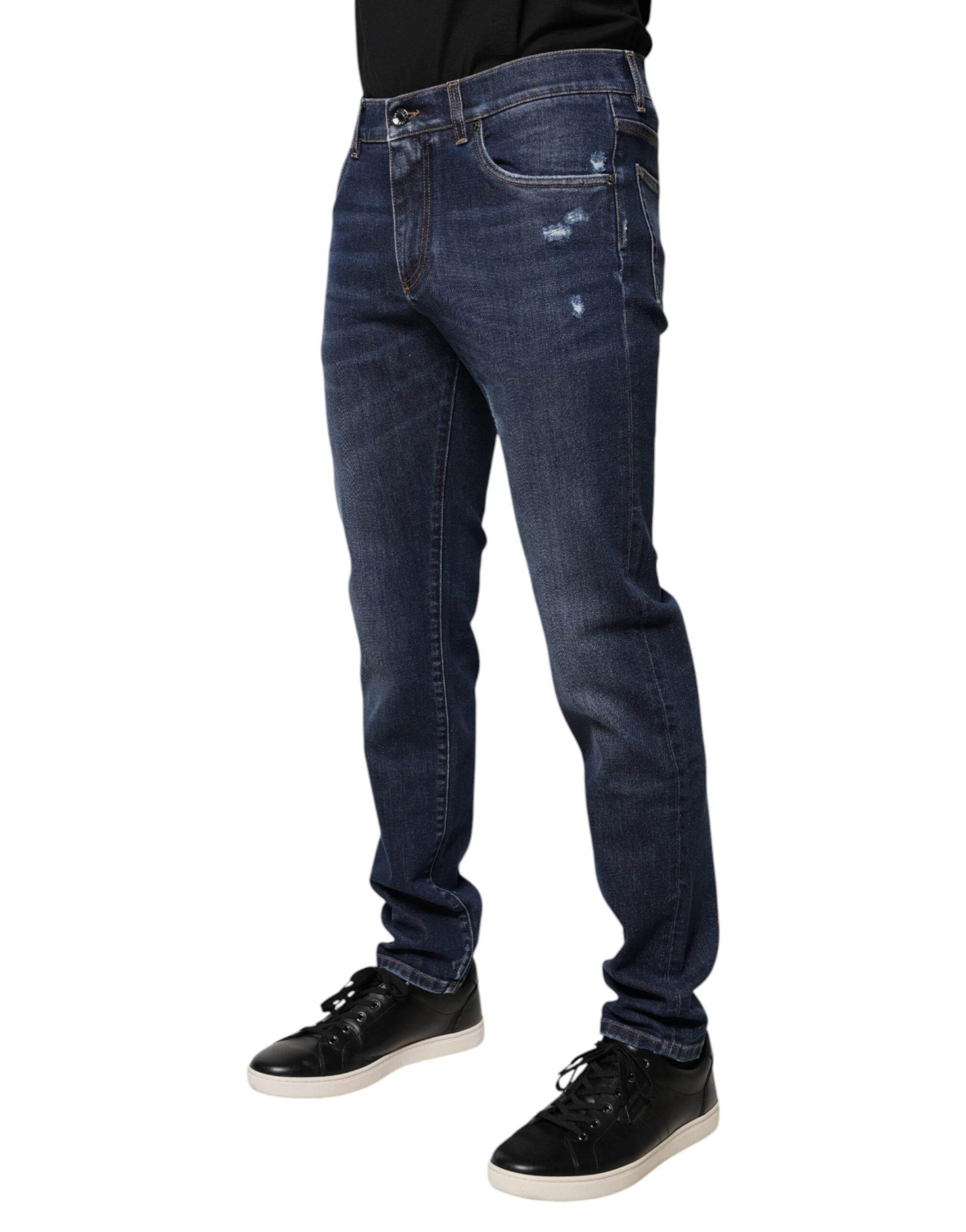 Dolce & Gabbana Blue Cotton Logo Print Slim Fit Denim Jeans - Hilstor