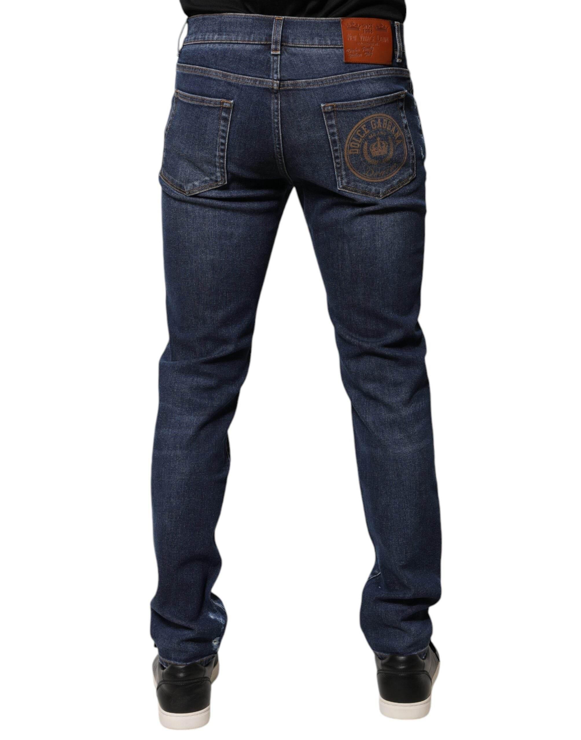 Dolce & Gabbana Blue Cotton Logo Print Slim Fit Denim Jeans - Hilstor