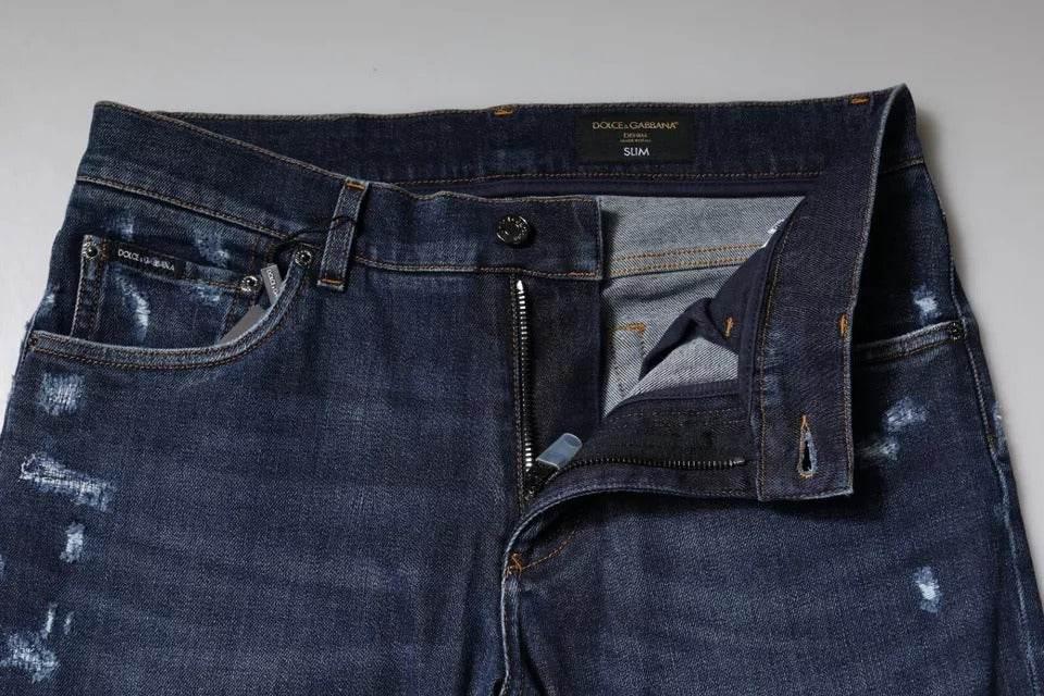 Dolce & Gabbana Blue Cotton Logo Print Slim Fit Denim Jeans - Hilstor