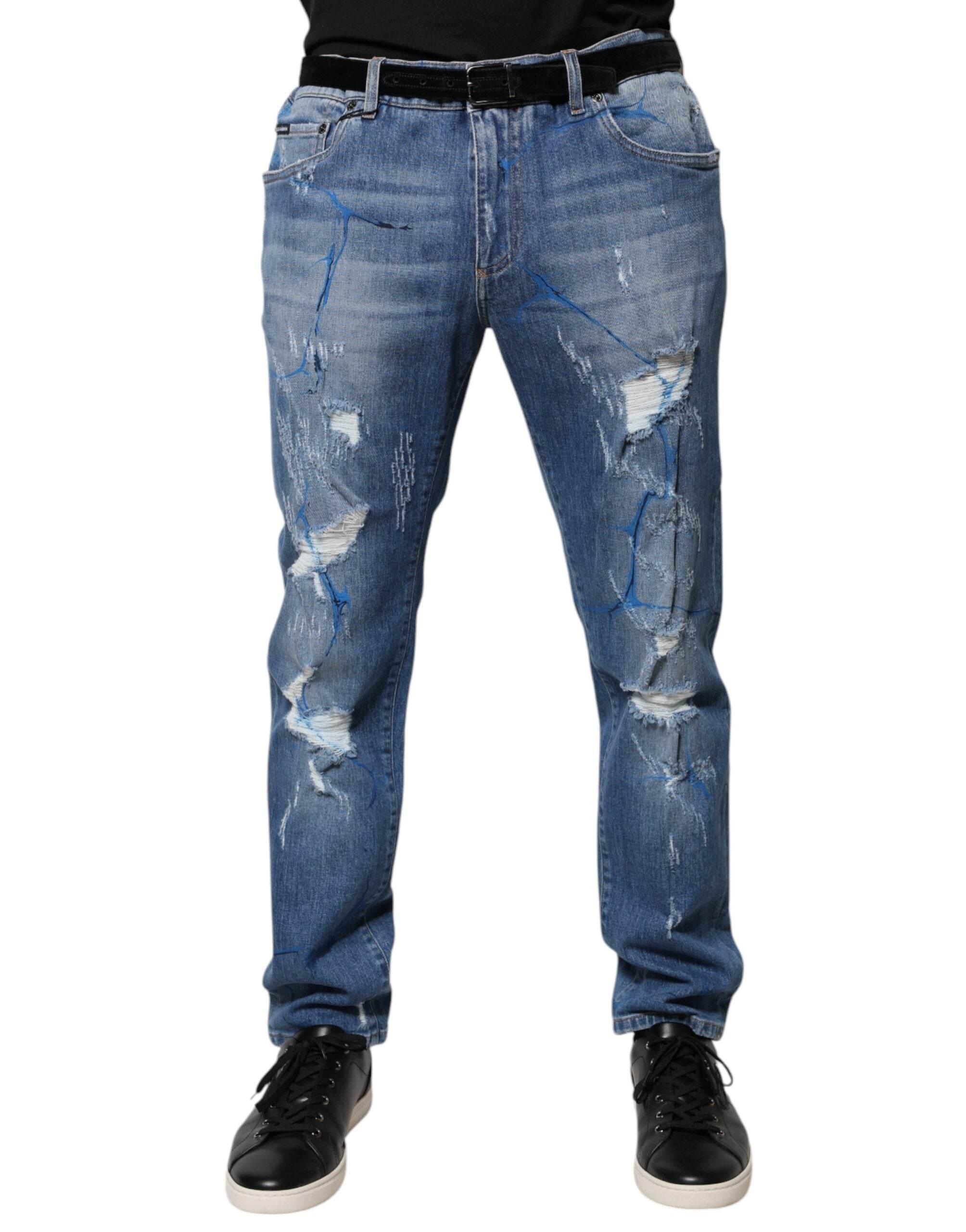Dolce & Gabbana Blue Cotton Stretch Tattered Skinny Denim Jeans - Hilstor