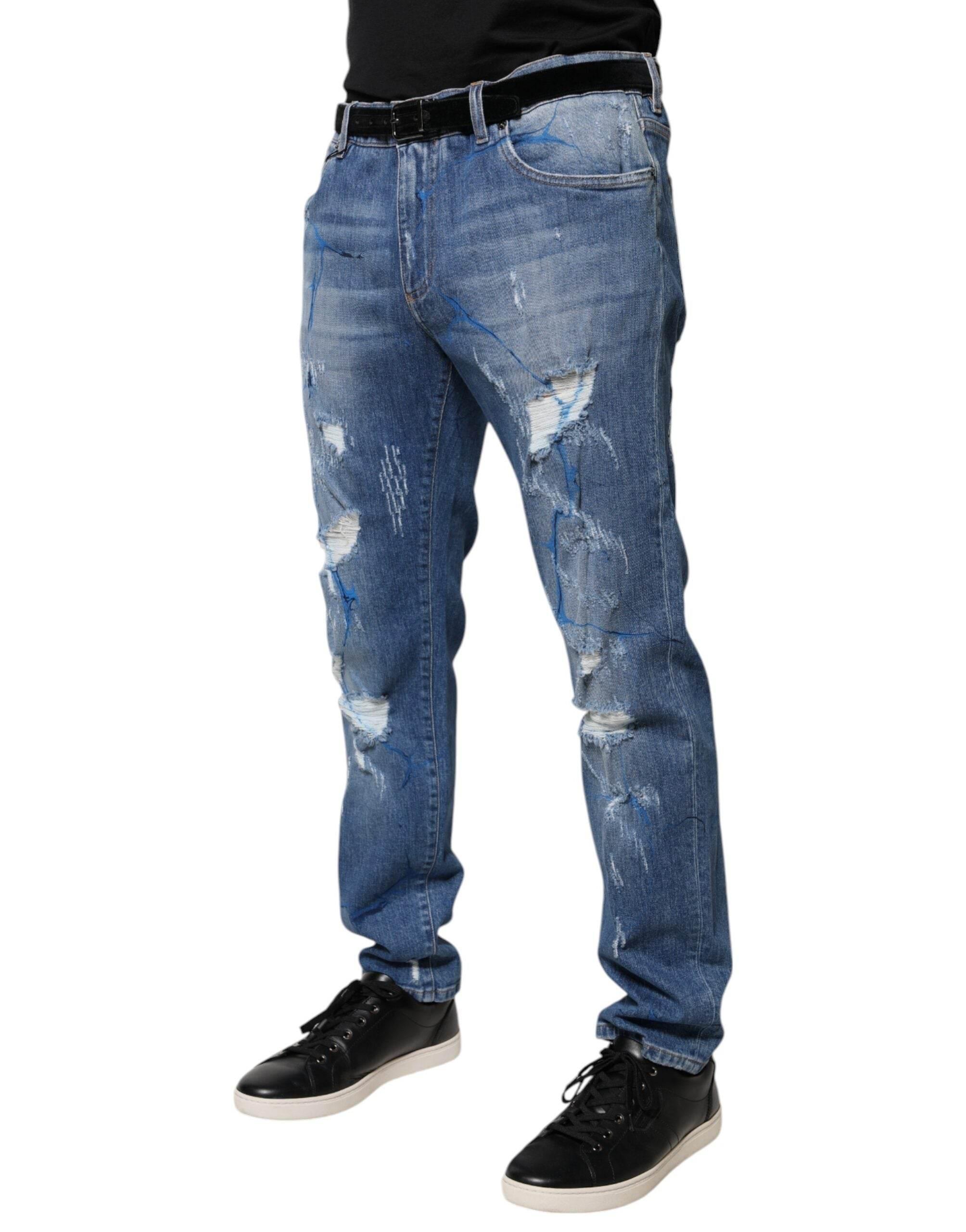 Dolce & Gabbana Blue Cotton Stretch Tattered Skinny Denim Jeans - Hilstor