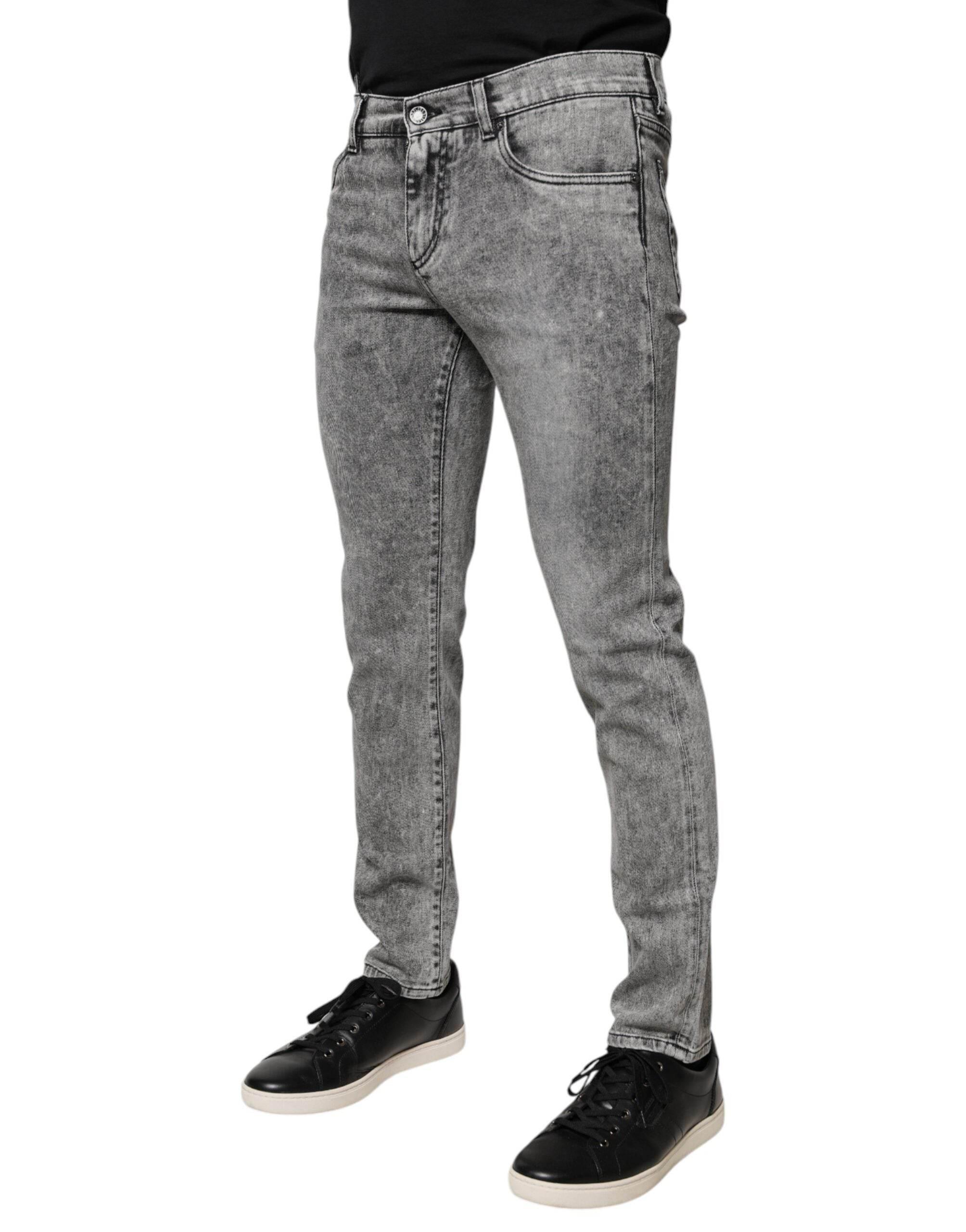 Dolce & Gabbana Gray Logo Plaque Cotton Slim Fit Denim Jeans - Hilstor