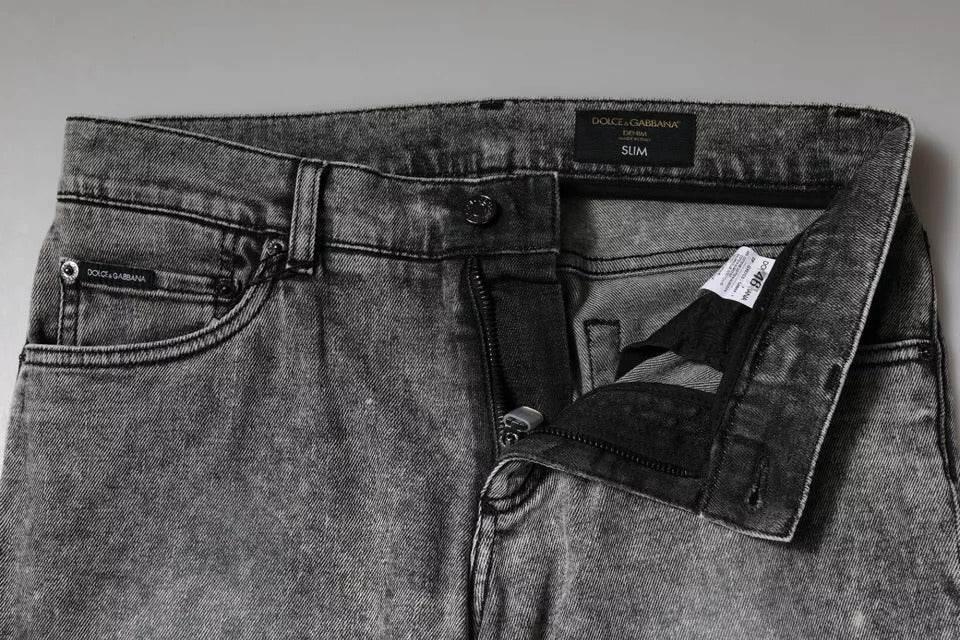 Dolce & Gabbana Gray Logo Plaque Cotton Slim Fit Denim Jeans - Hilstor