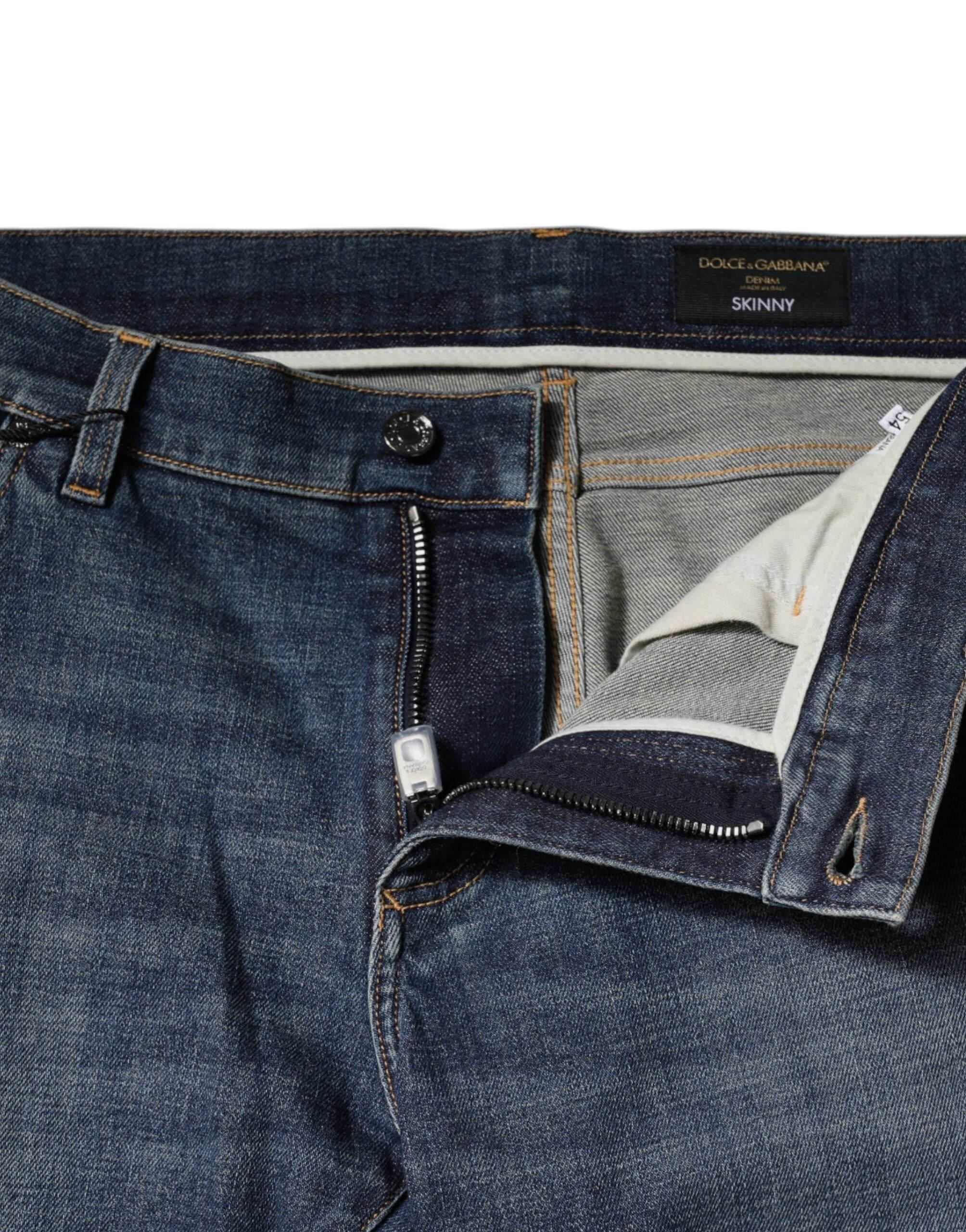 Dolce & Gabbana Blue Logo Plaque Cotton Skinny Denim Jeans - Hilstor