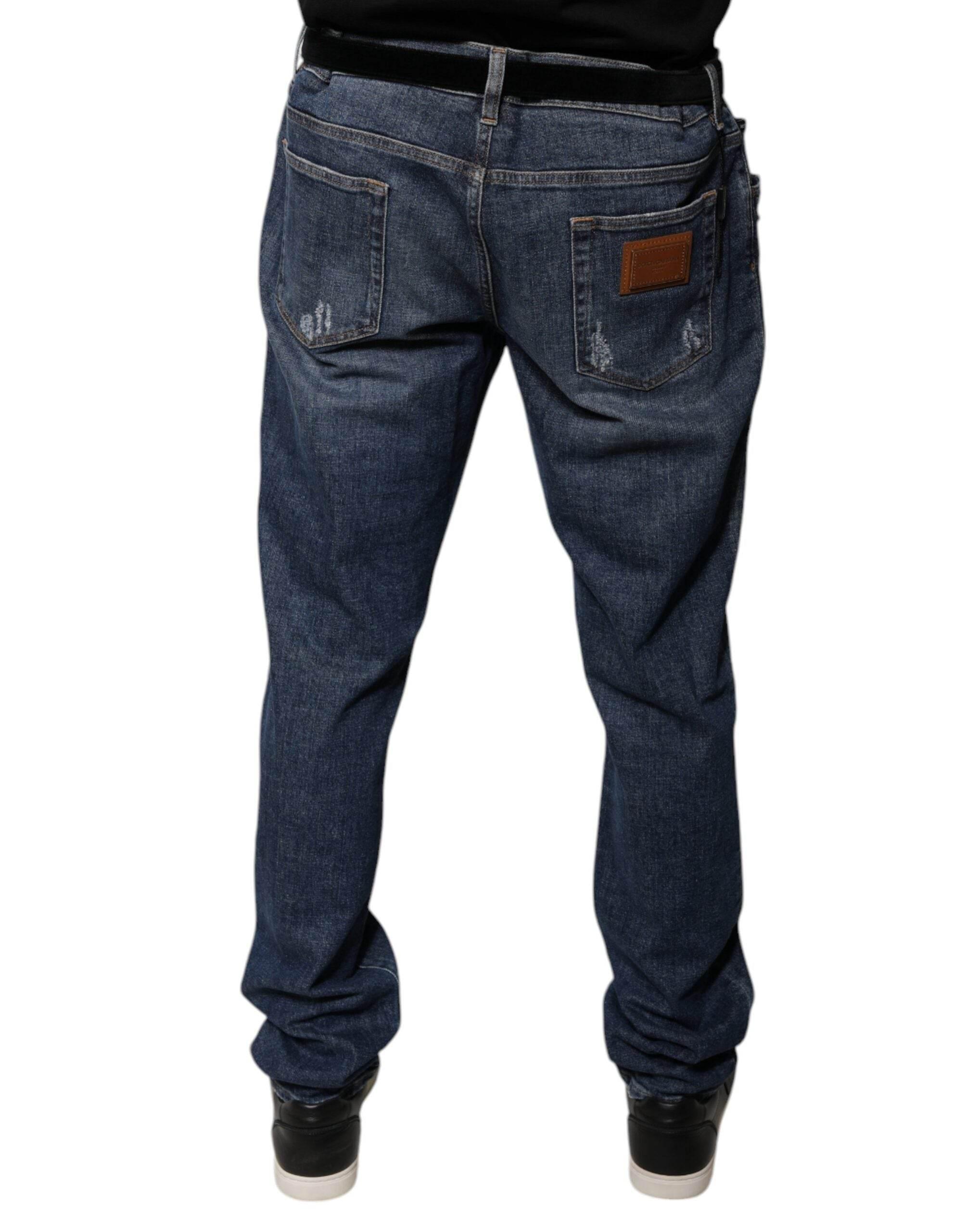 Dolce & Gabbana Dark Blue Cotton Logo Skinny Denim Jeans - Hilstor