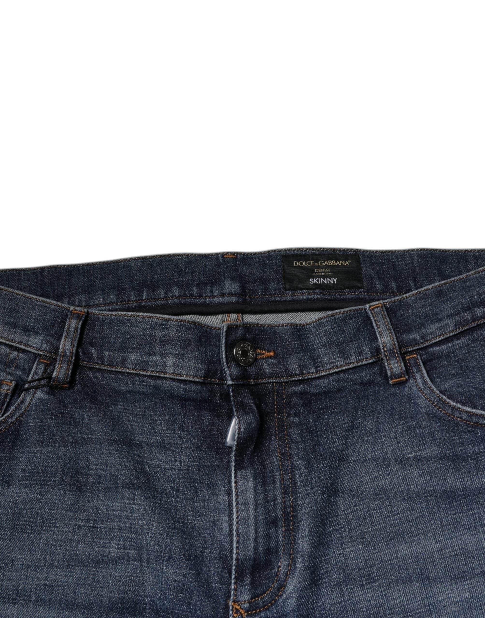 Dolce & Gabbana Dark Blue Cotton Logo Skinny Denim Jeans - Hilstor