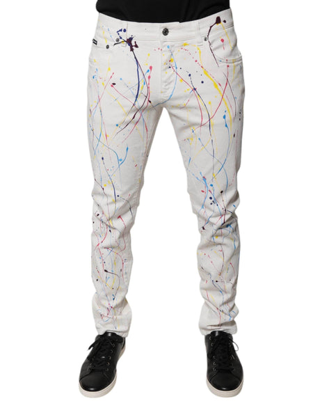 Dolce & Gabbana White Color Splash Print Skinny Denim Jeans - Hilstor