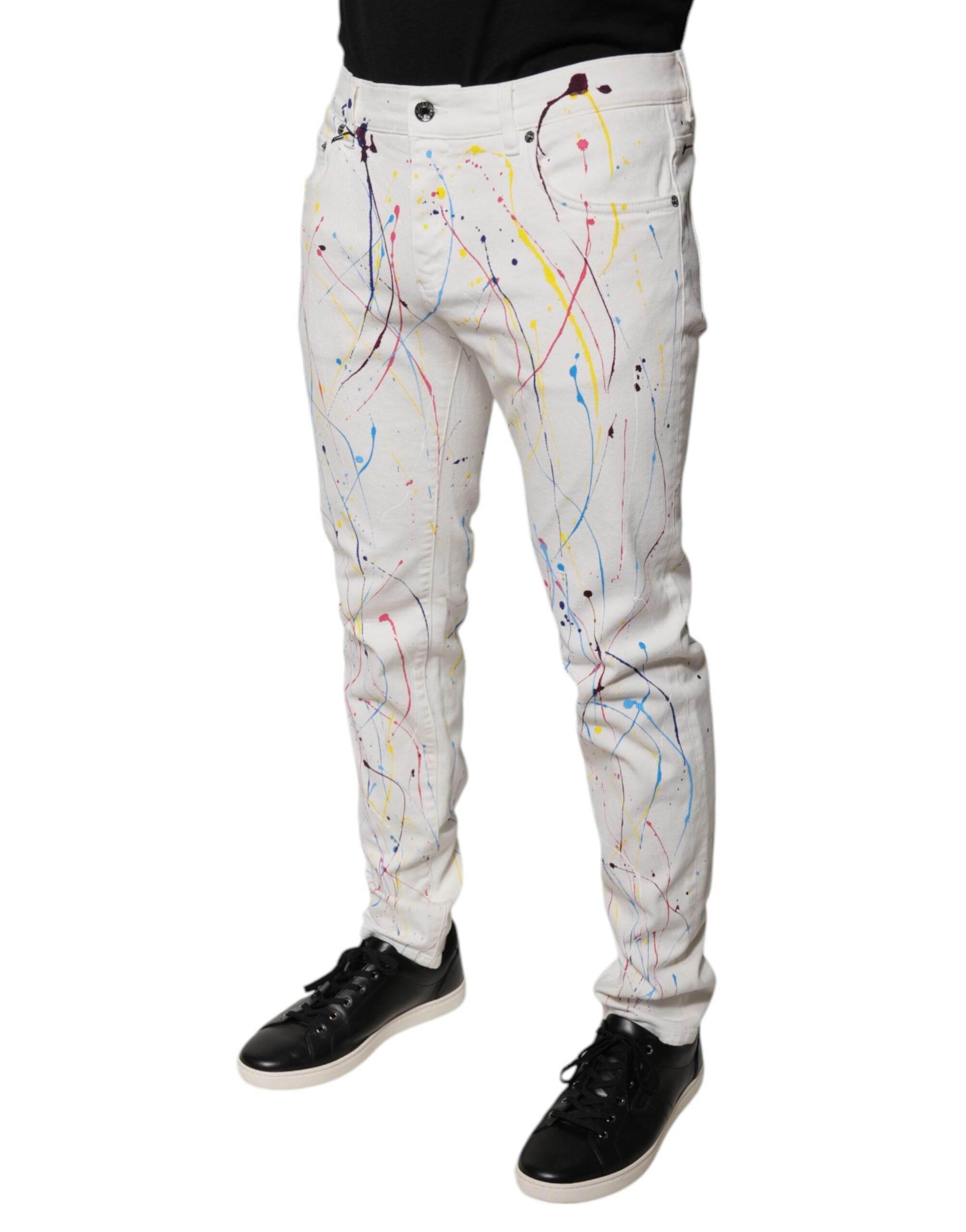 Dolce & Gabbana White Color Splash Print Skinny Denim Jeans - Hilstor