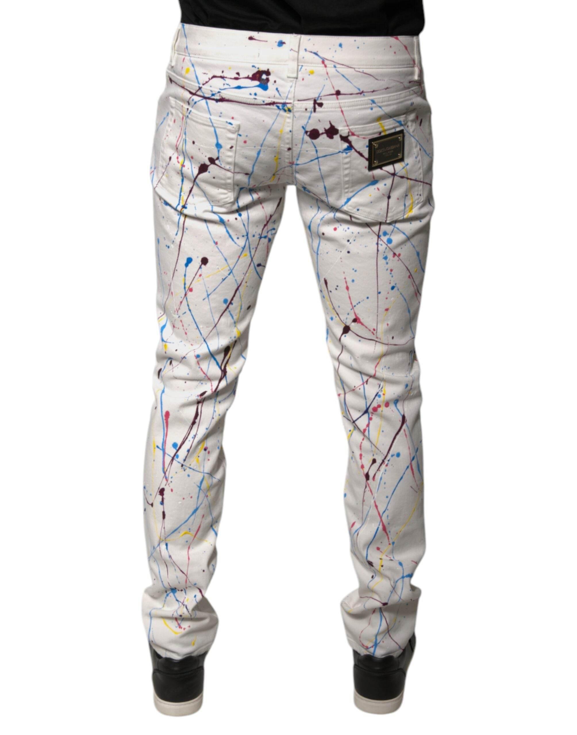 Dolce & Gabbana White Color Splash Print Skinny Denim Jeans - Hilstor