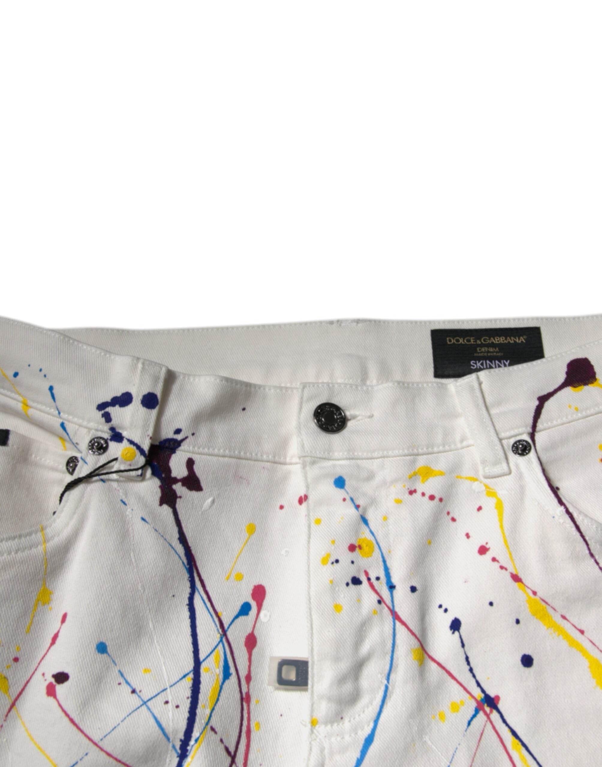 Dolce & Gabbana White Color Splash Print Skinny Denim Jeans - Hilstor