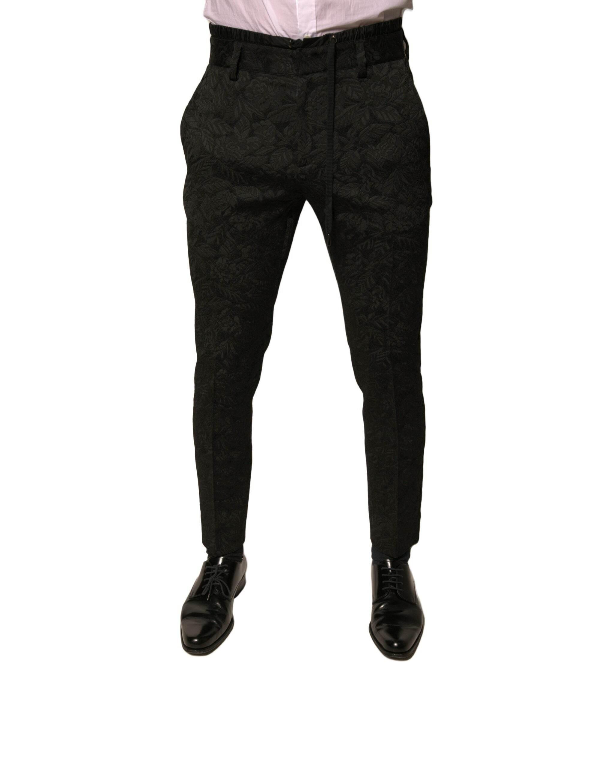 Dolce & Gabbana Black Brocade Polyester Skinny Men Dress Pants - Hilstor