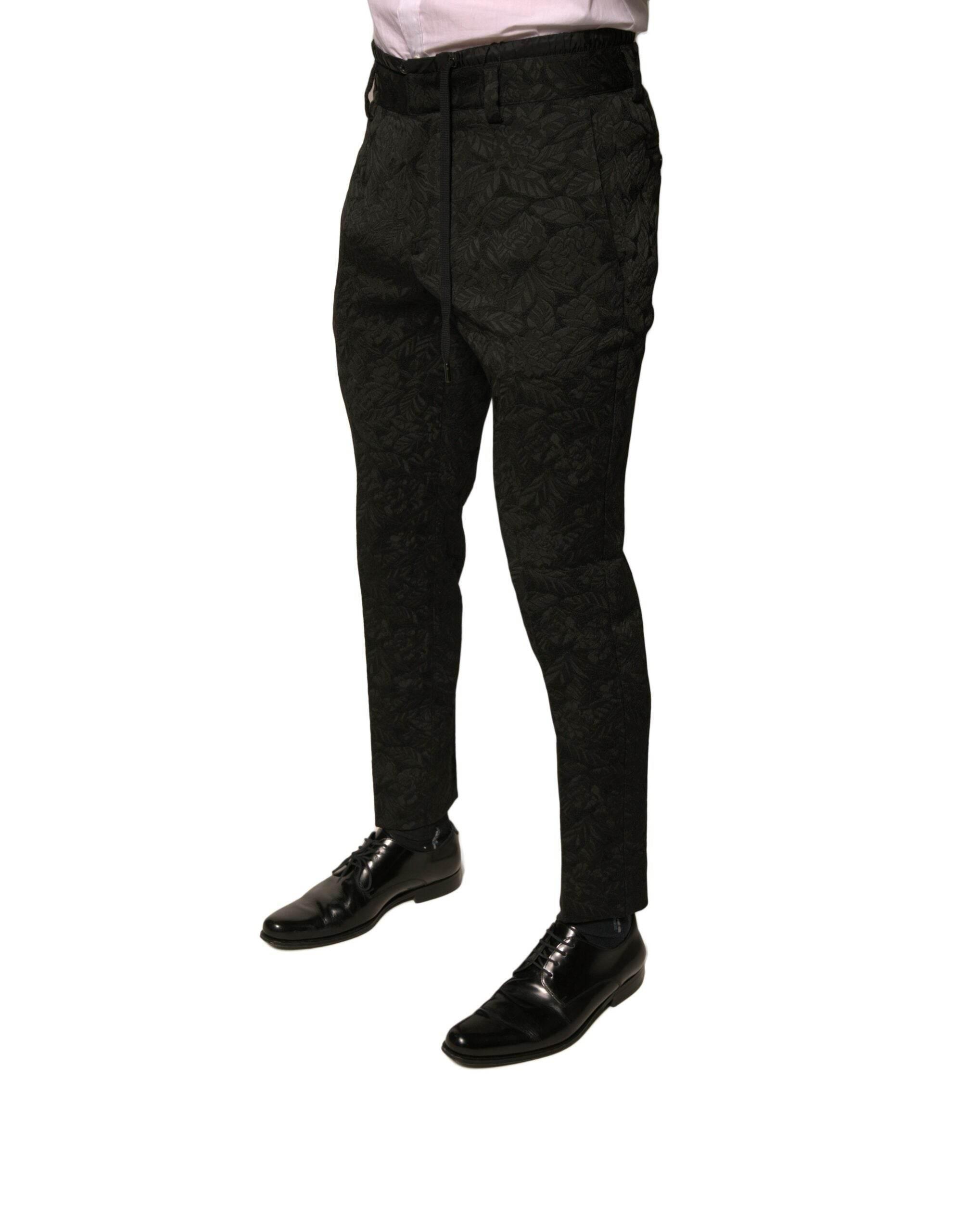 Dolce & Gabbana Black Brocade Polyester Skinny Men Dress Pants - Hilstor