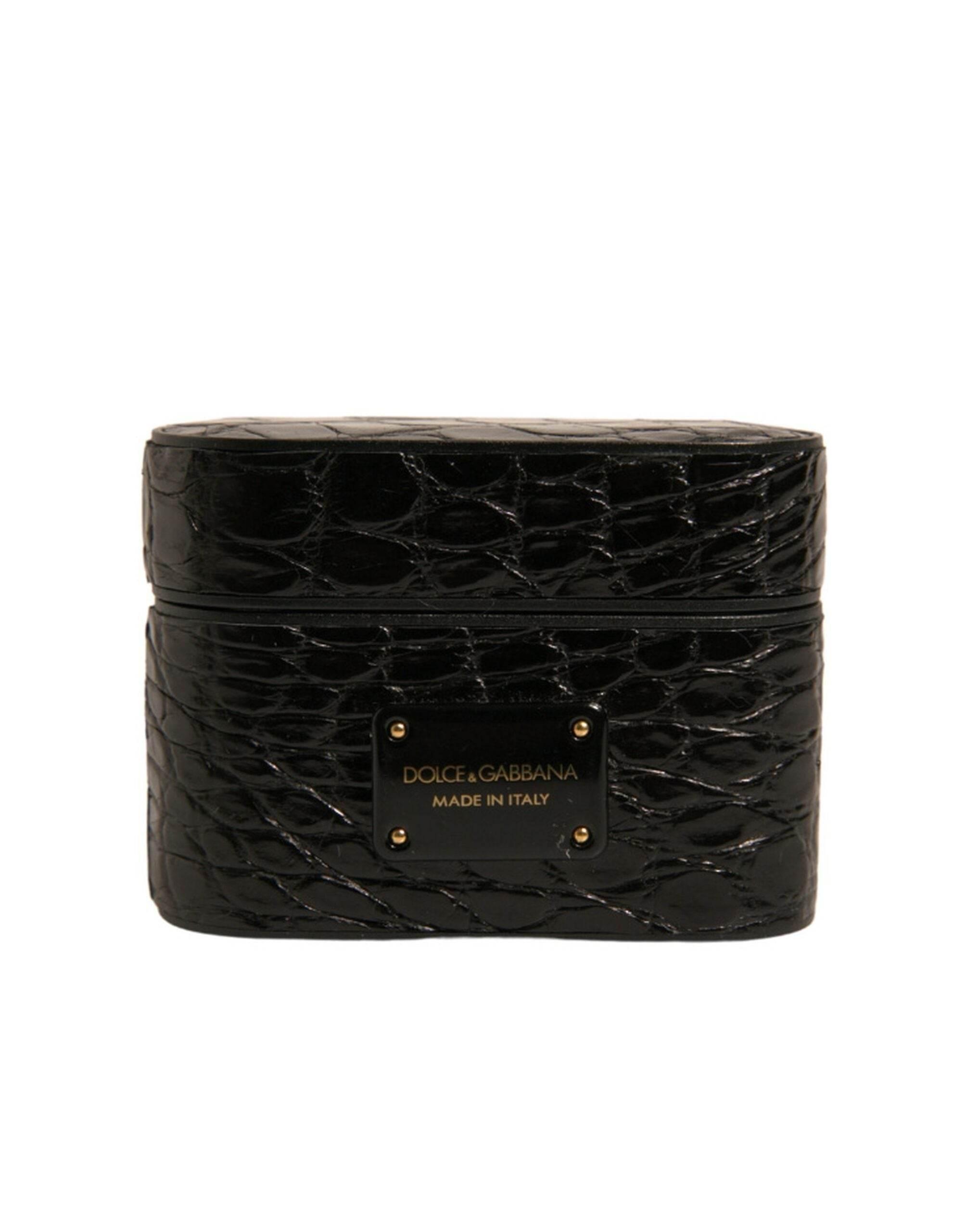 Dolce & Gabbana Black Leather Metal Logo Plaque Holder Airpods Case - Hilstor