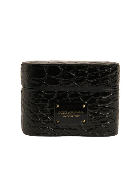 Dolce & Gabbana Black Leather Metal Logo Plaque Holder Airpods Case - Hilstor