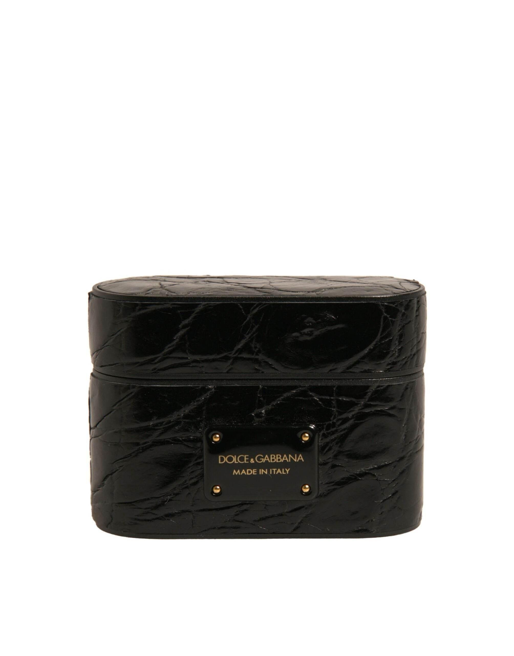 Dolce & Gabbana Black Leather Metal Logo Plaque Holder Airpods Case - Hilstor