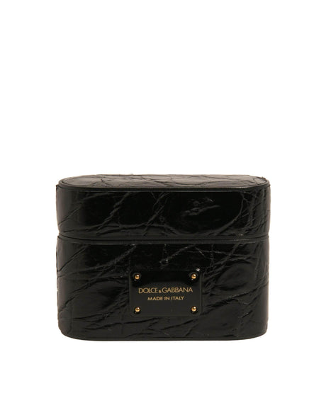 Dolce & Gabbana Black Leather Metal Logo Plaque Holder Airpods Case - Hilstor
