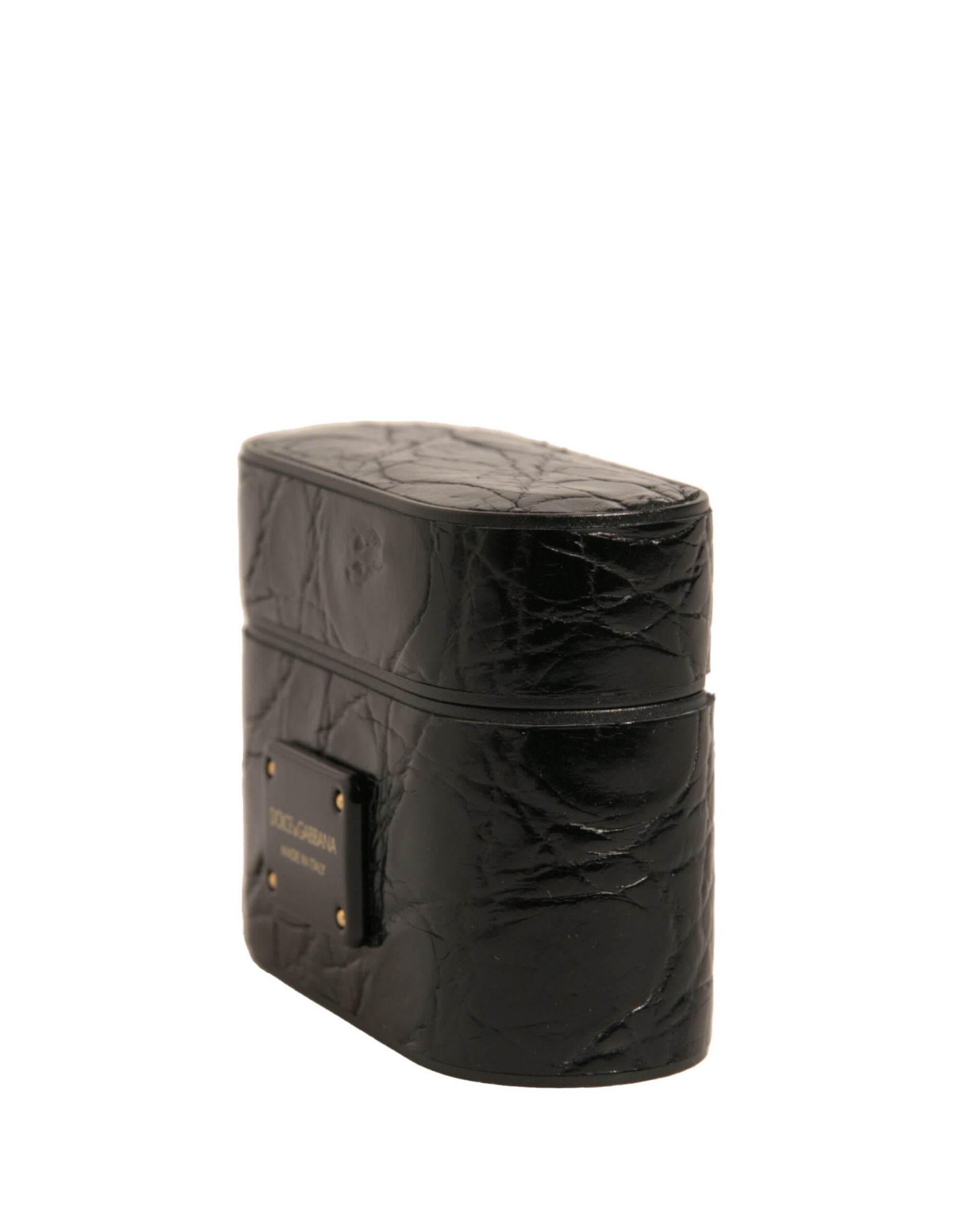 Dolce & Gabbana Black Leather Metal Logo Plaque Holder Airpods Case - Hilstor
