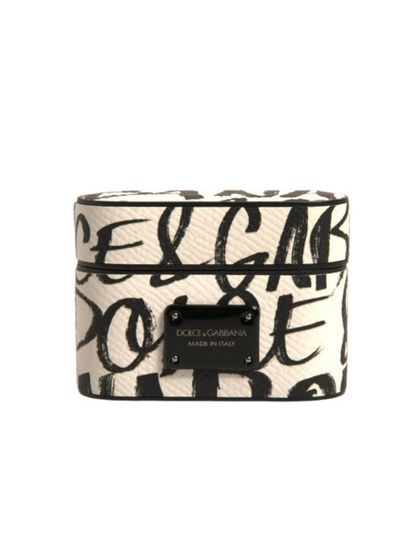 Dolce & Gabbana Black White Leather Scribble Embossed Logo Airpods Case - Hilstor
