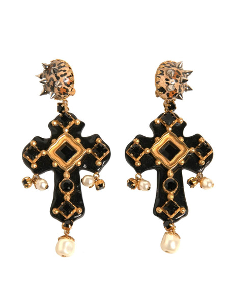 Dolce & Gabbana Black Crystal Cross Crystal Embellished Gold Clip On Earrings - Hilstor
