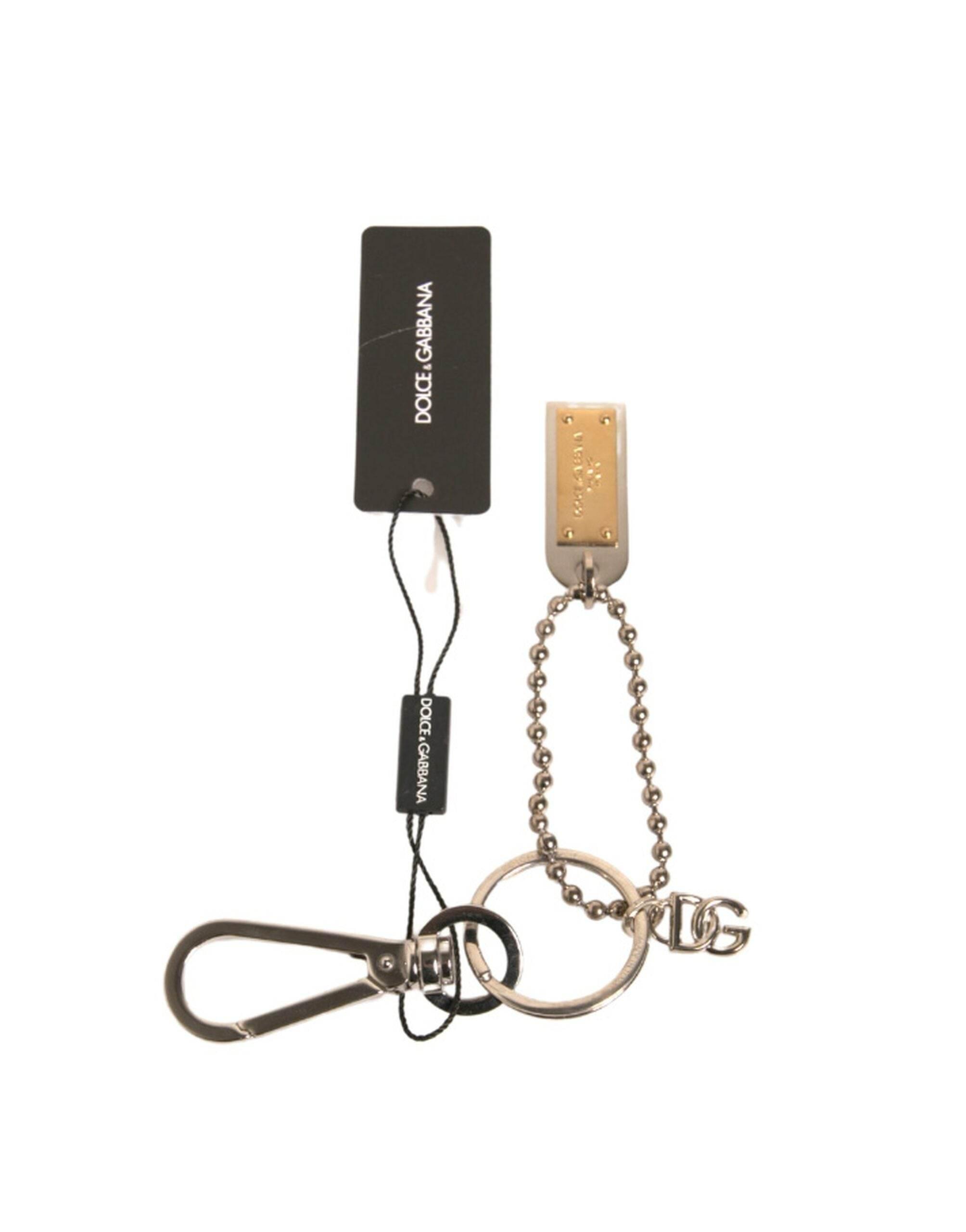 Dolce & Gabbana Silver Brass Chain Beaded Logo Plaque Keychain Keyring - Hilstor
