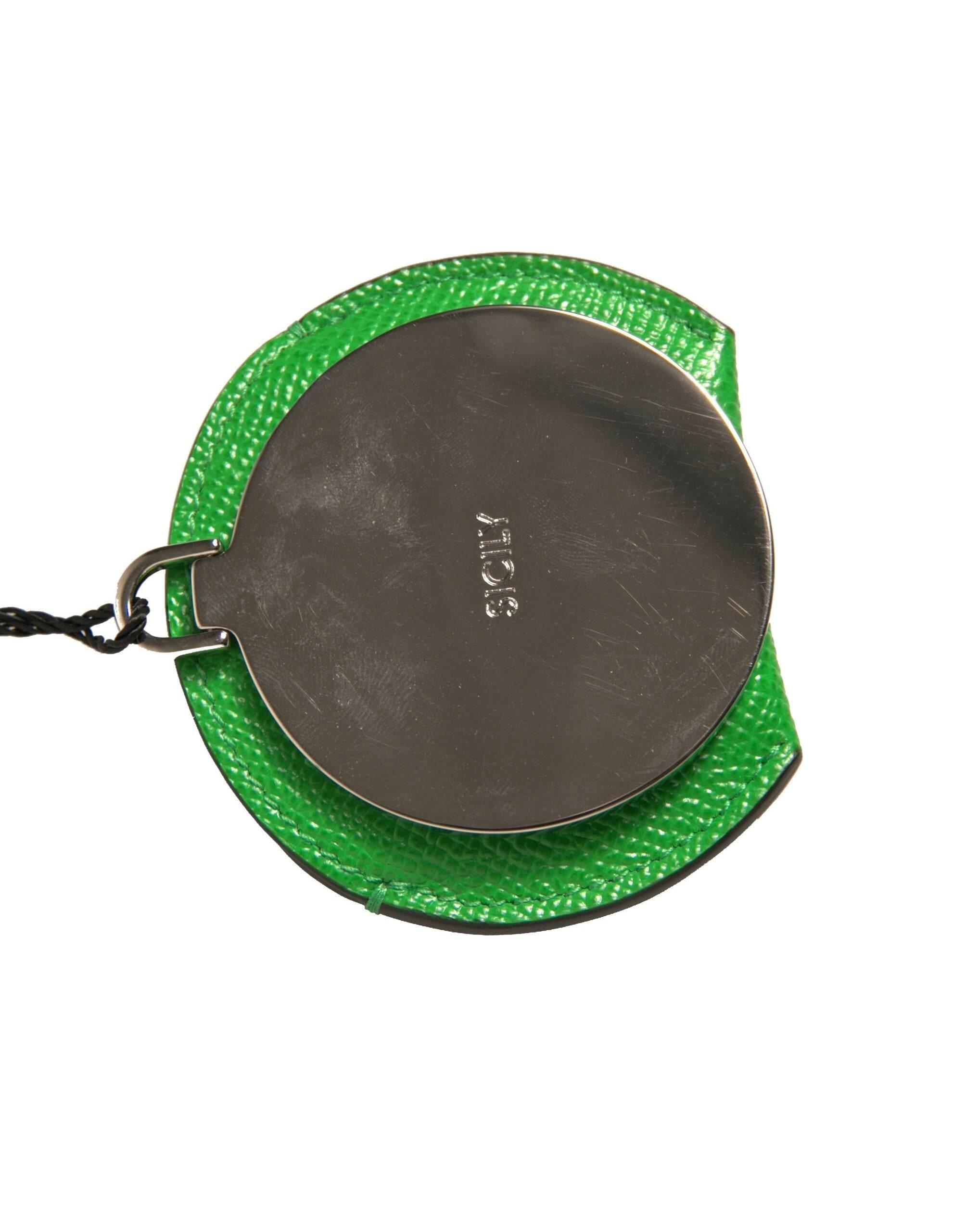 Dolce & Gabbana Green Calfskin Leather Round Logo Hand Mirror Holder - Hilstor