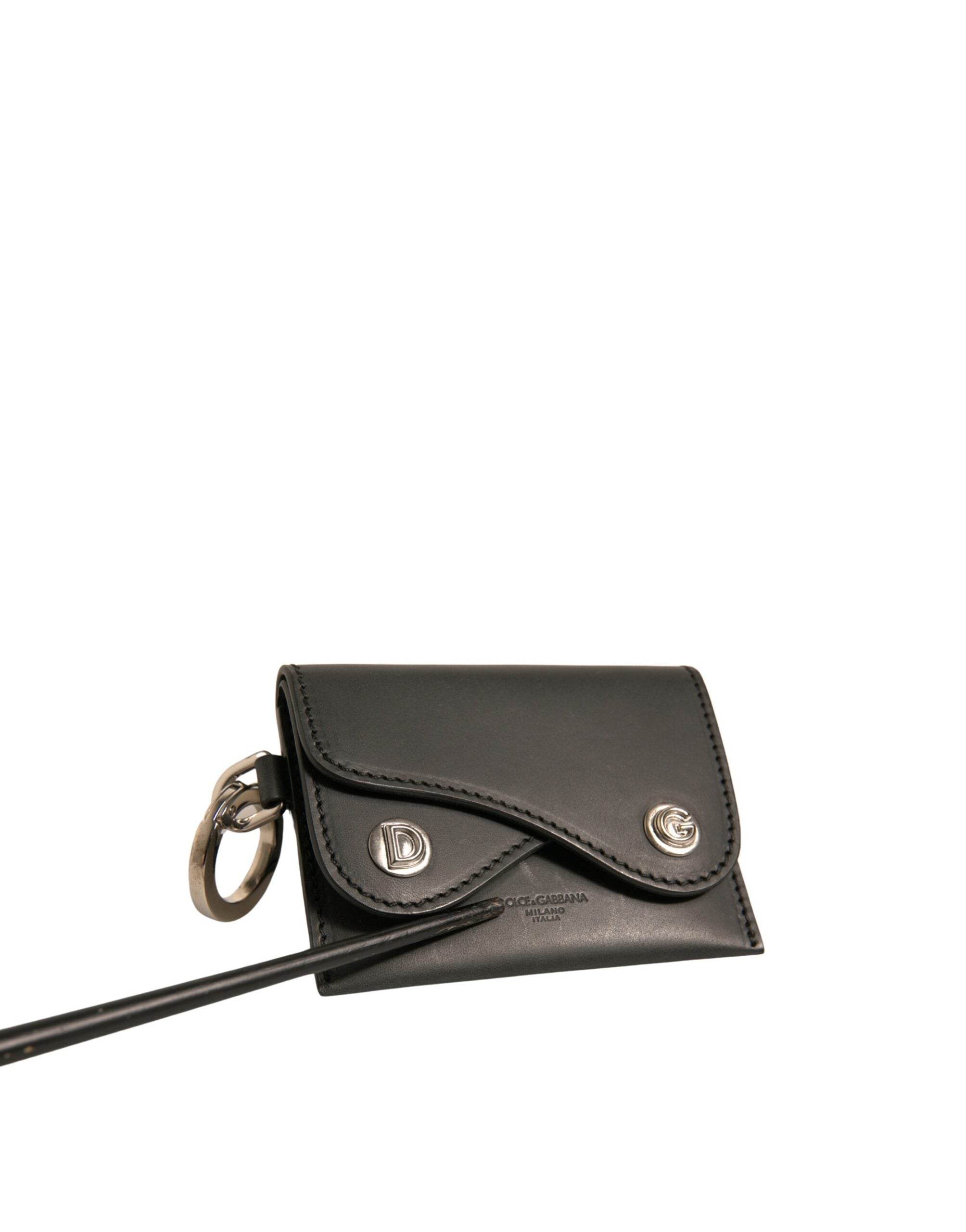 Dolce & Gabbana Black Leather Card Case Keychain Key Holder - Hilstor