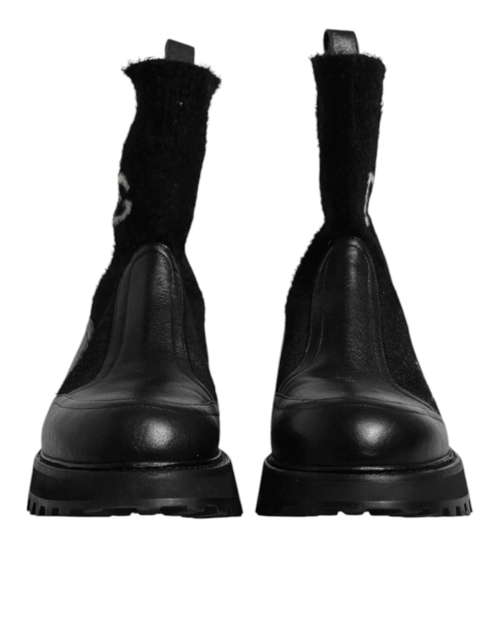 Dolce & Gabbana Black DG Logo Horse Sock Ankle Boots Shoes - Hilstor