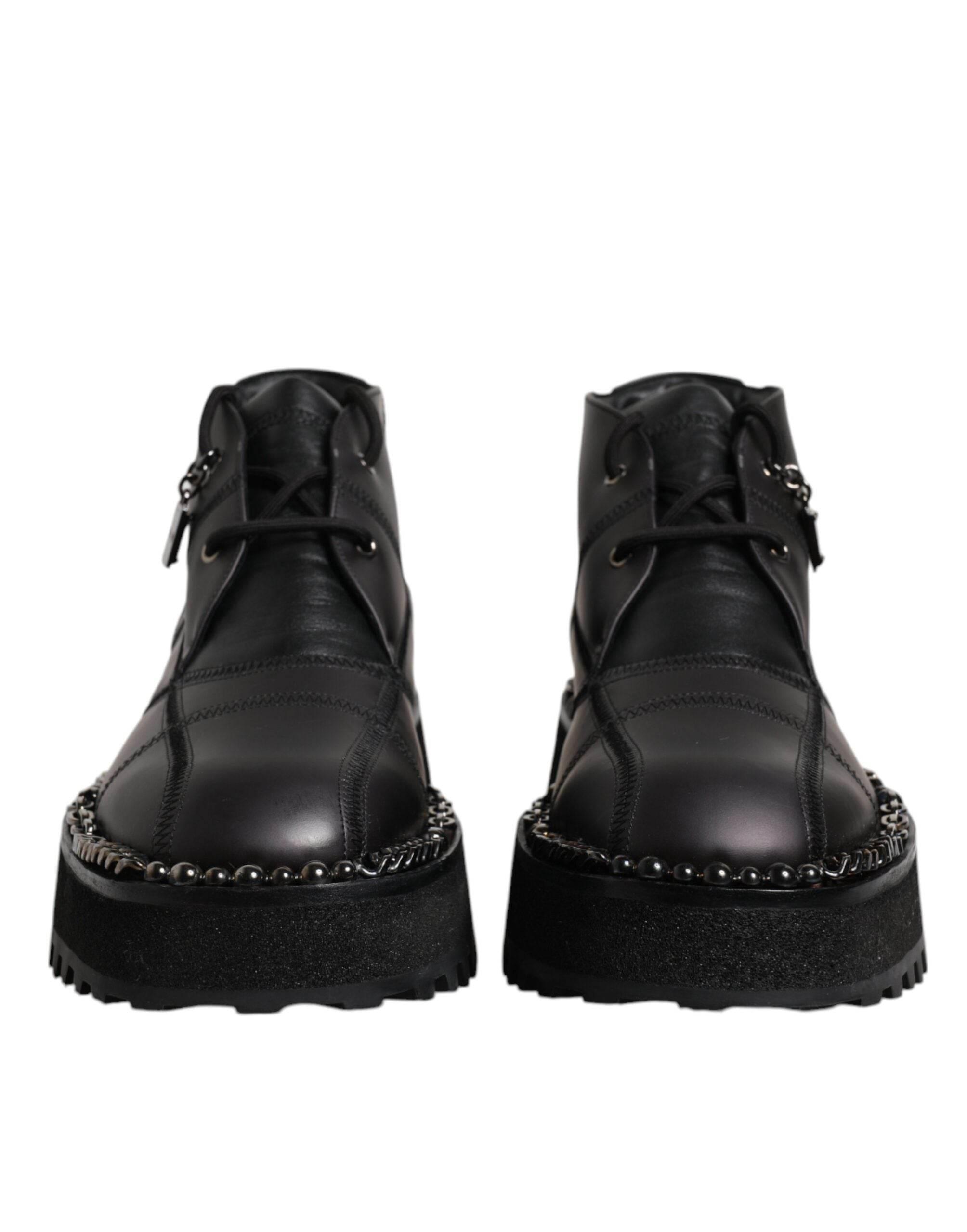 Dolce & Gabbana Black Leather Lace Up Ankle Boots Shoes - Hilstor