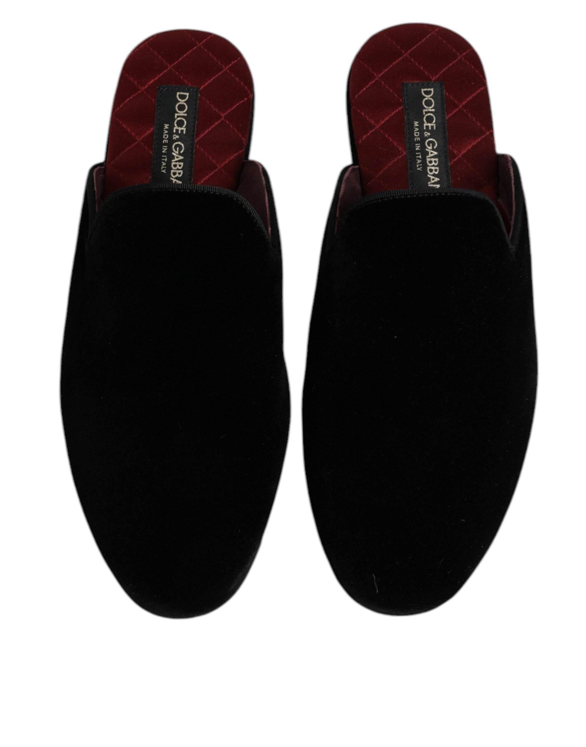 Dolce & Gabbana Black Viscose Velvet Slides Flat Slipper Shoes - Hilstor