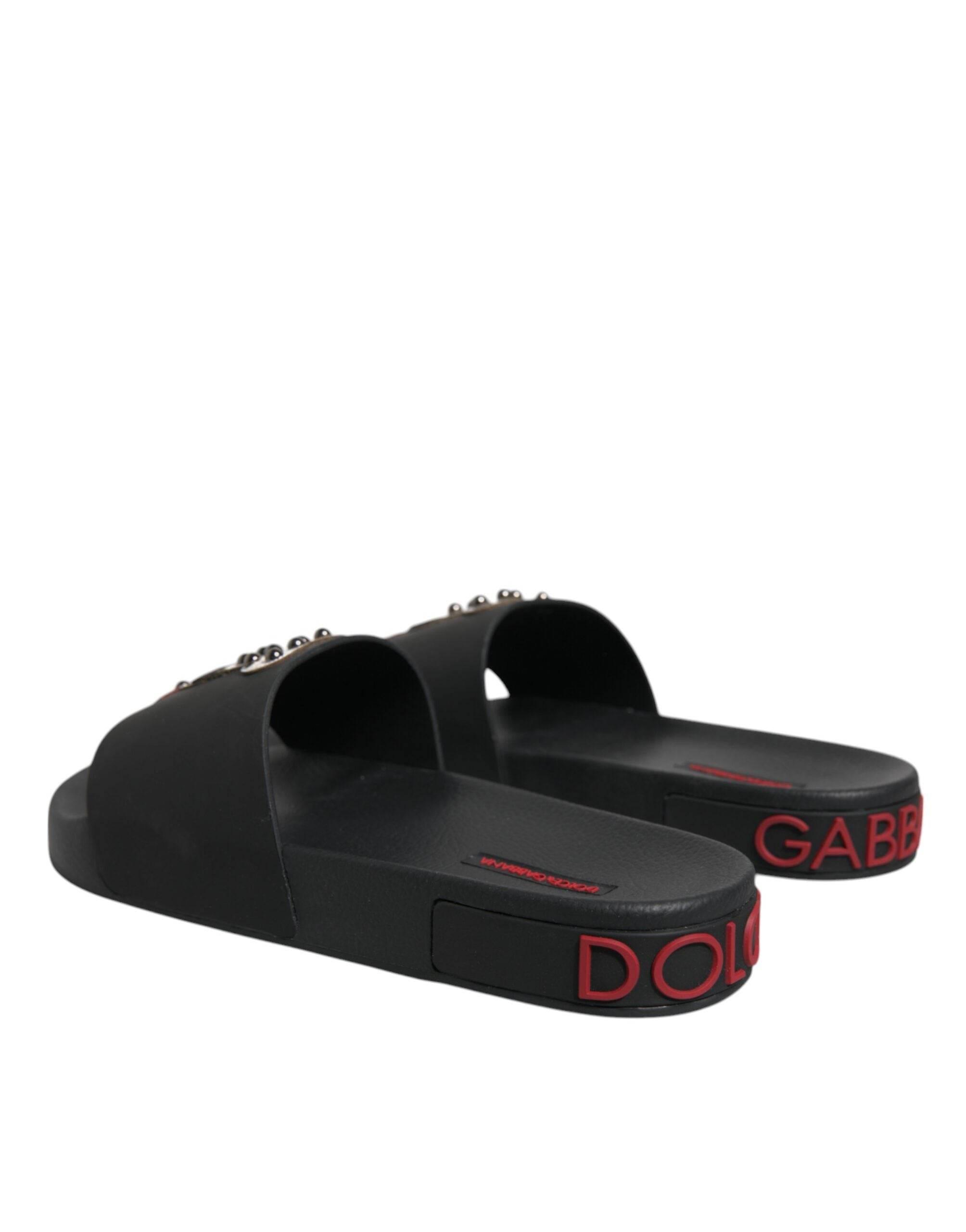 Dolce & Gabbana Black Leather Slides Sandals Beachwear Shoes - Hilstor
