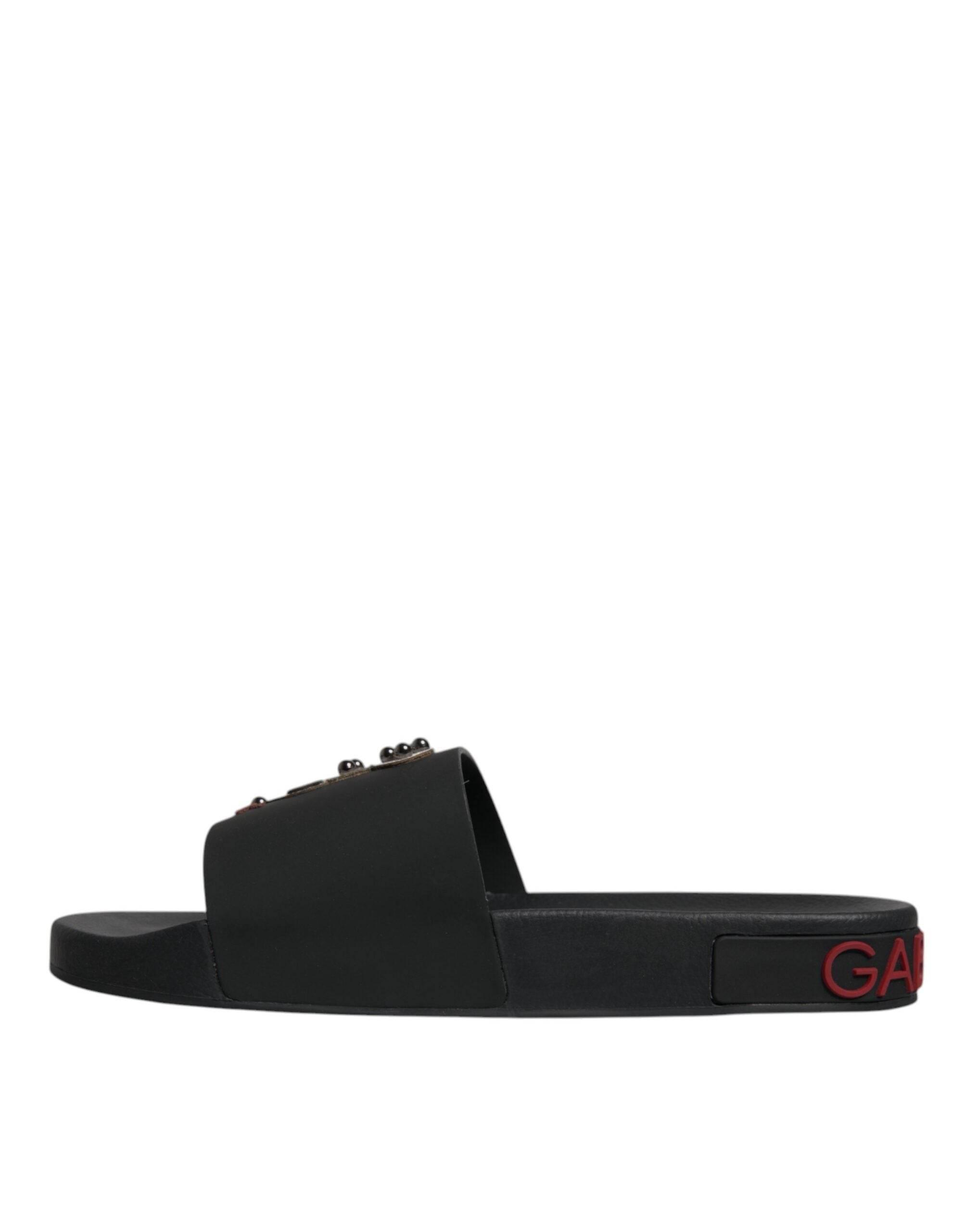 Dolce & Gabbana Black Leather Slides Sandals Beachwear Shoes - Hilstor