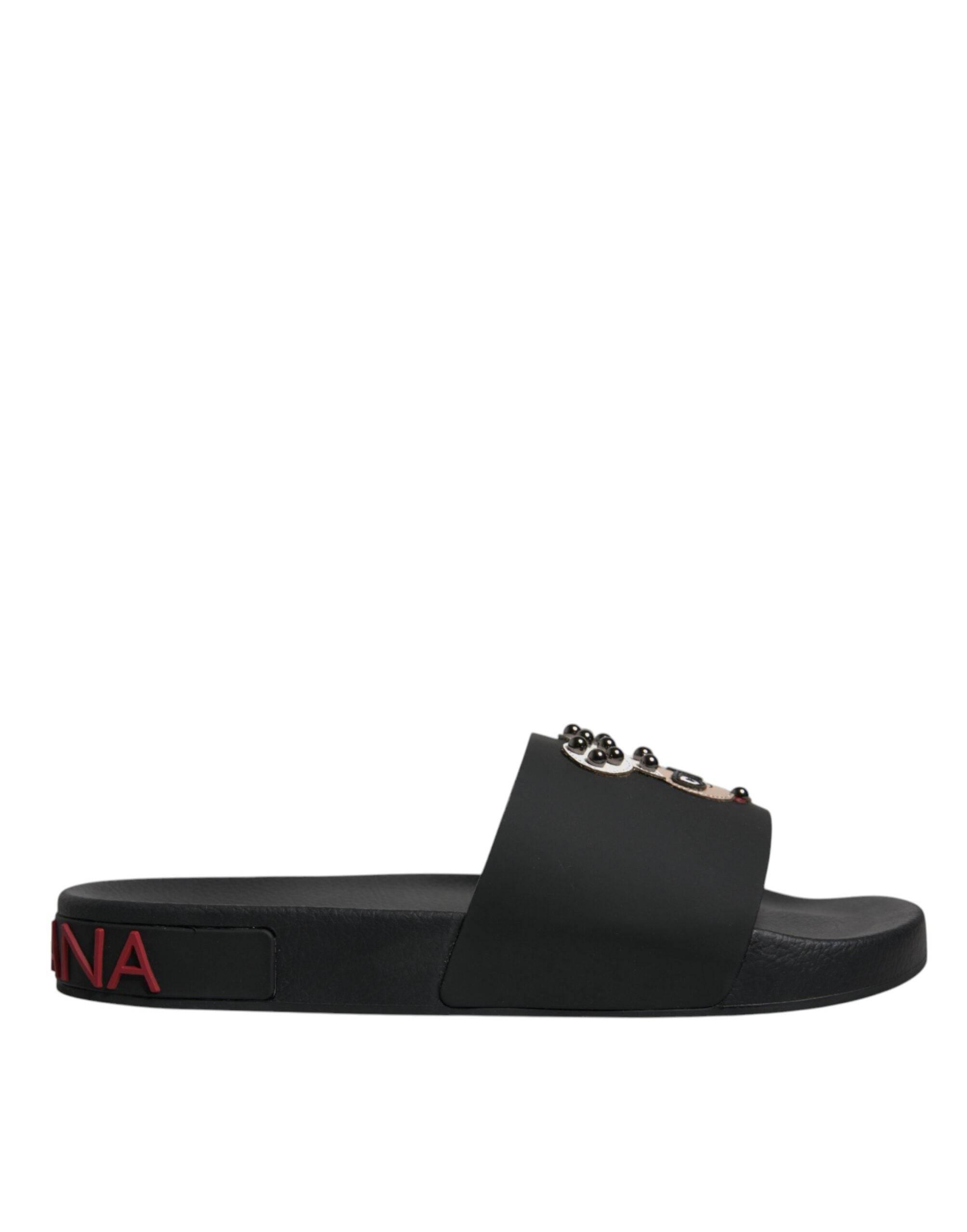 Dolce & Gabbana Black Leather Slides Sandals Beachwear Shoes - Hilstor