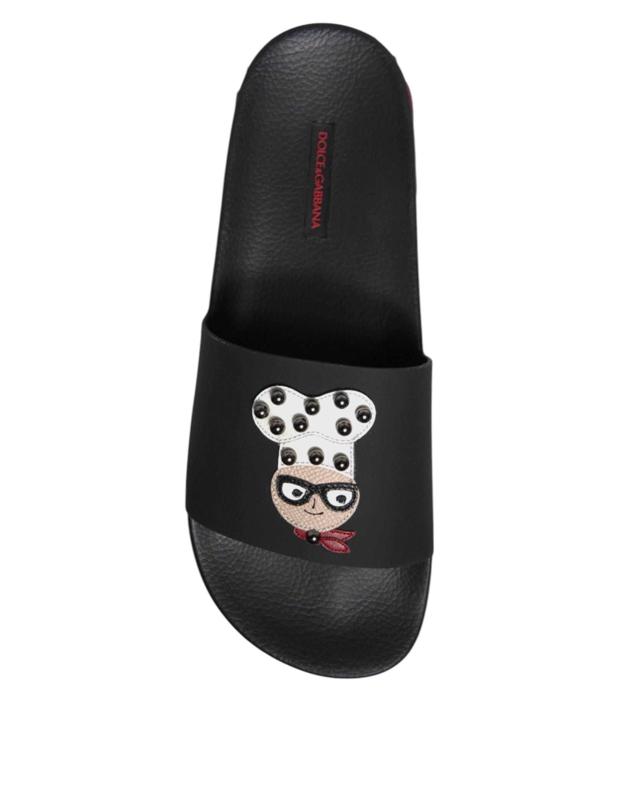 Dolce & Gabbana Black Leather Slides Sandals Beachwear Shoes - Hilstor